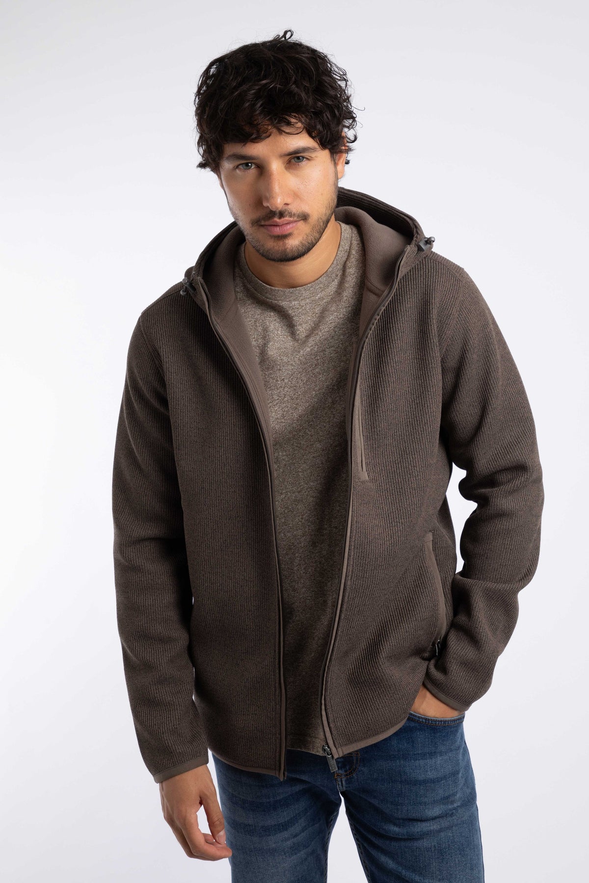 Weird Fish Lockie Full Zip Bonded Fleece Hoodie in Coffee
