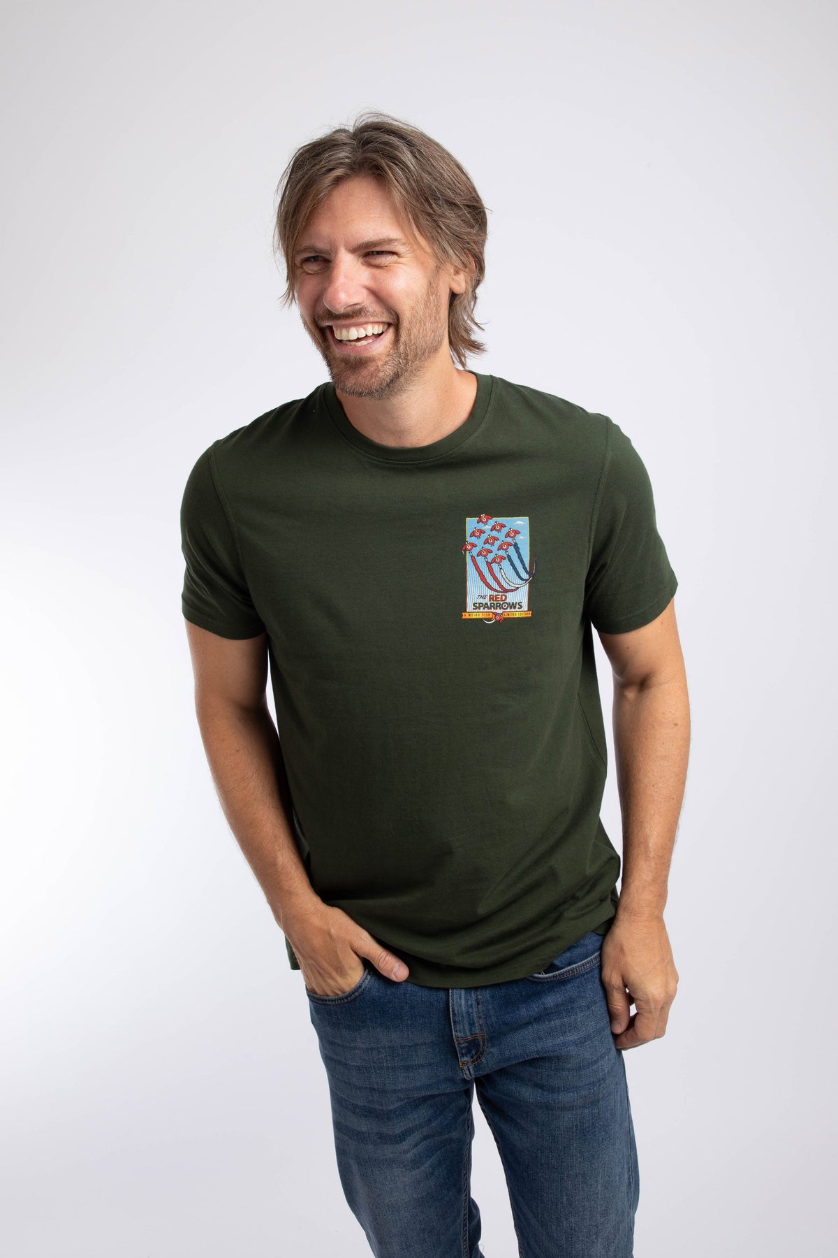 Weird Fish Red Sparrows Back Print Artist T-Shirt in Duck Green