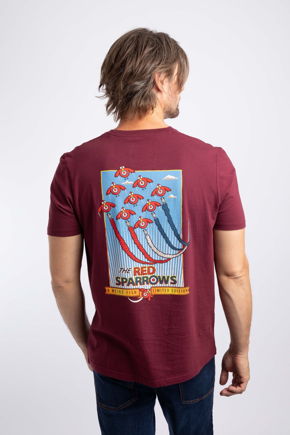 Weird Fish Red Sparrows Back Print Artist T-Shirt in Red Grape
