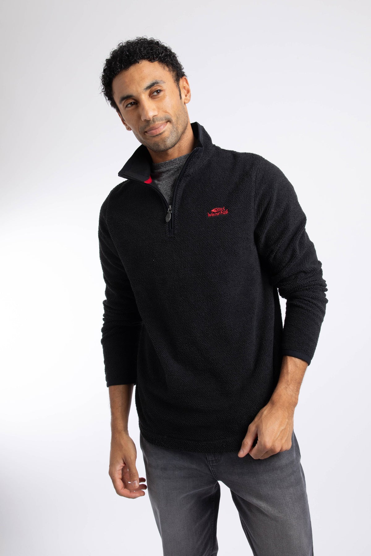 Weird Fish Errill 1/4 Zip Textured Fleece in Black