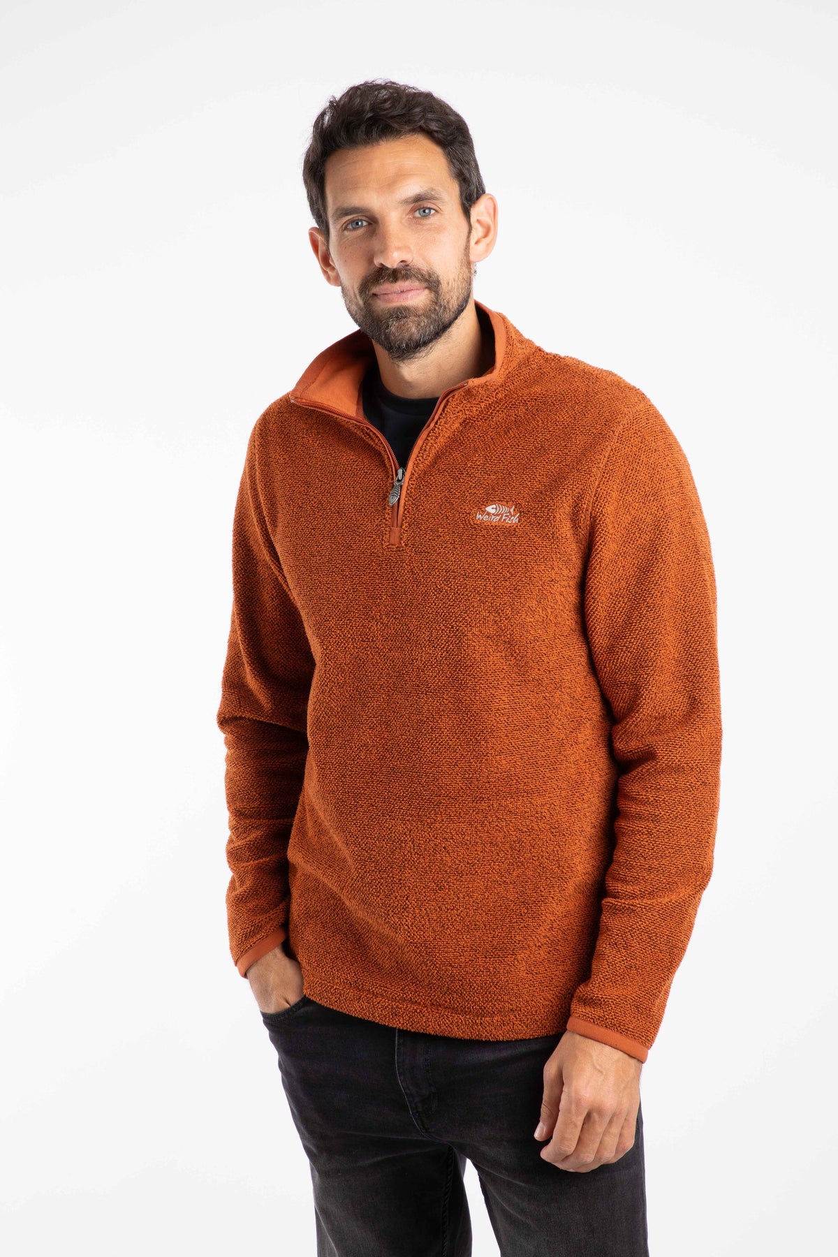 Weird Fish Errill 1/4 Zip Textured Fleece in Brick Orange