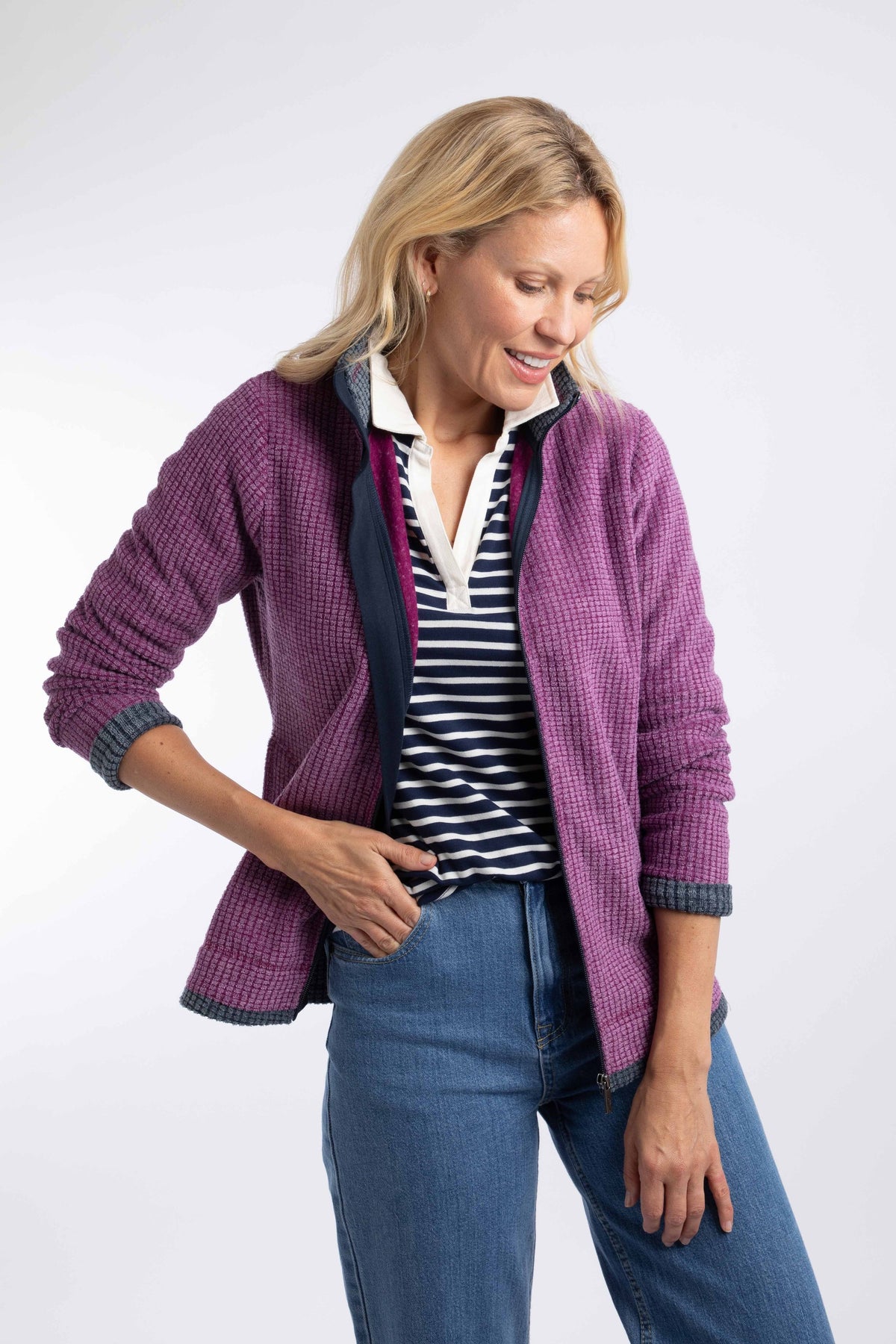 Weird Fish Ariana Full Zip Grid Fleece in Purple Wine