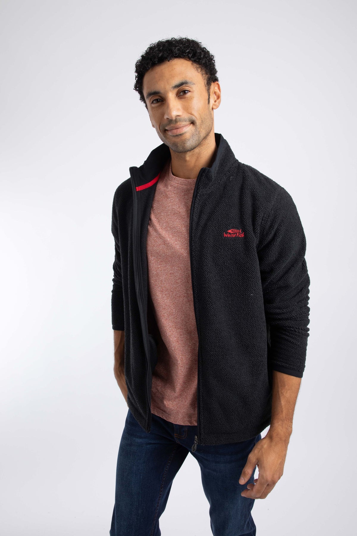 Weird Fish Merrill Full Zip Textured Fleece in Black