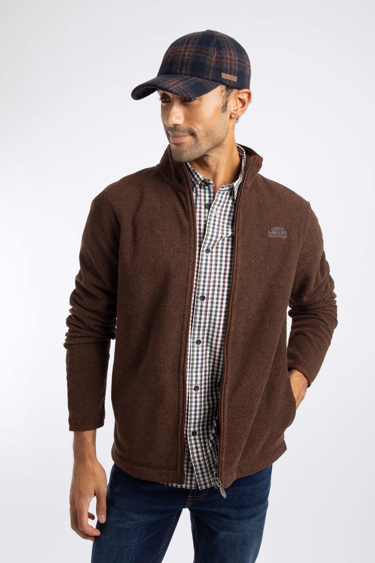 Weird Fish Merrill Full Zip Textured Fleece in Chocolate