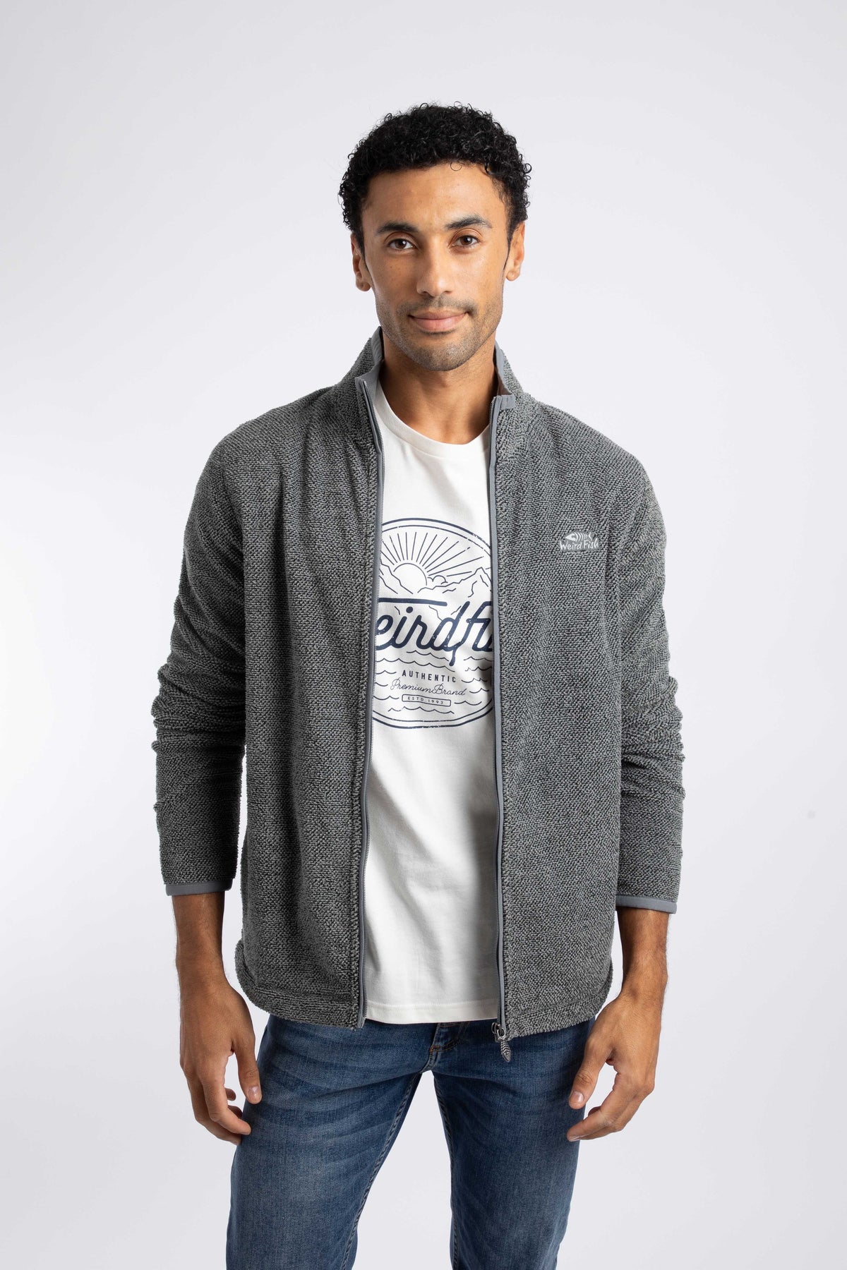 Weird Fish Merrill Full Zip Textured Fleece in Frost Grey