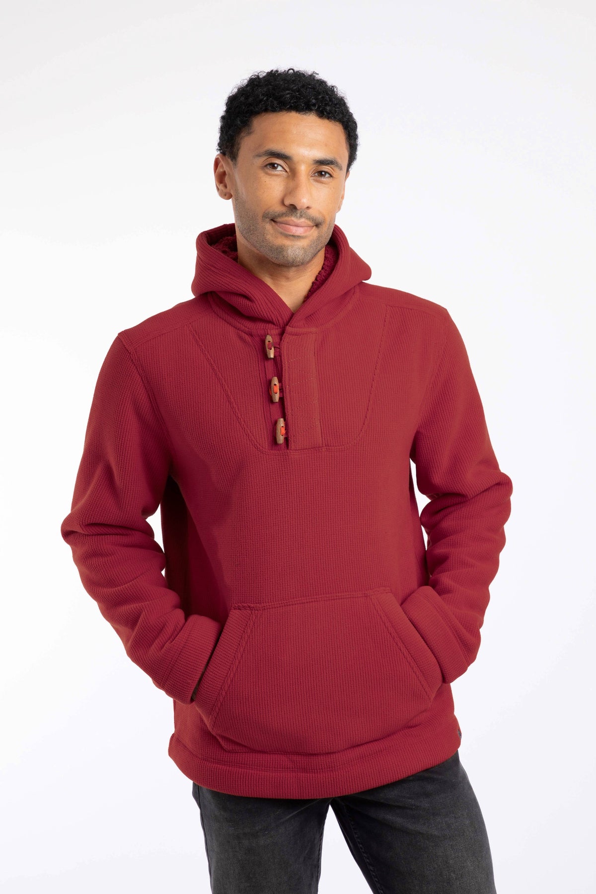 Weird Fish Inglewood Button Neck Grid Fleece Hoodie in Barn Red