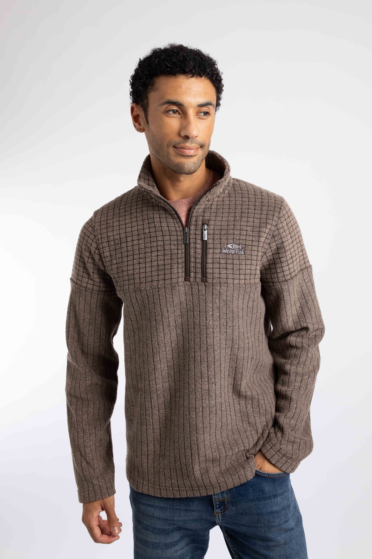 Weird Fish Longmont 1/4 Zip Stripe Grid Fleece in Chocolate
