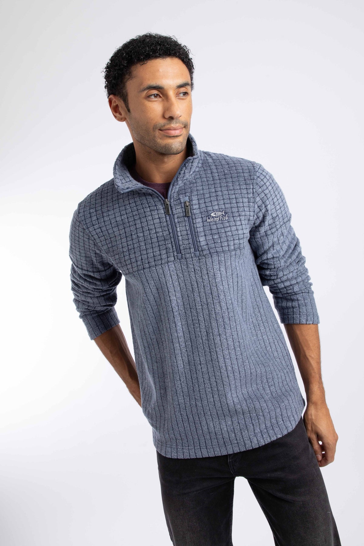 Weird Fish Longmont 1/4 Zip Stripe Grid Fleece in Dark Blue