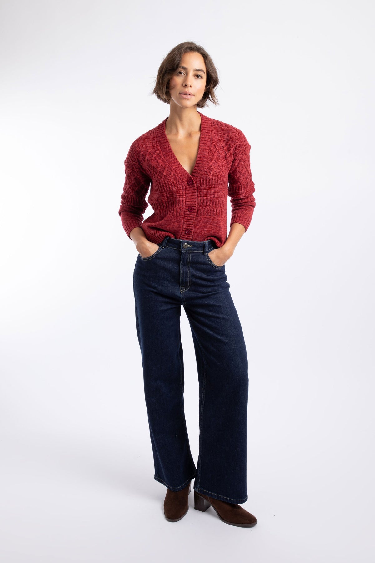 Weird Fish Amiens Mixed Stitch Outfitter Cardigan in Rhubarb