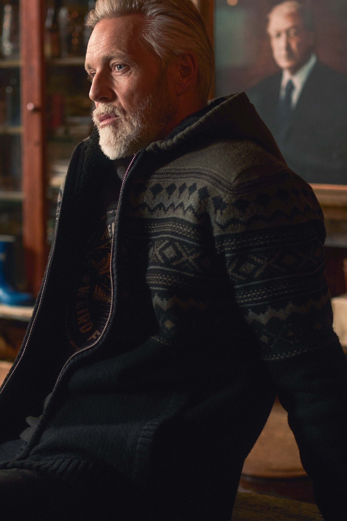 Weird Fish Bradwood Borg Lined Fair Isle Knit Full Zip Hoodie in Black