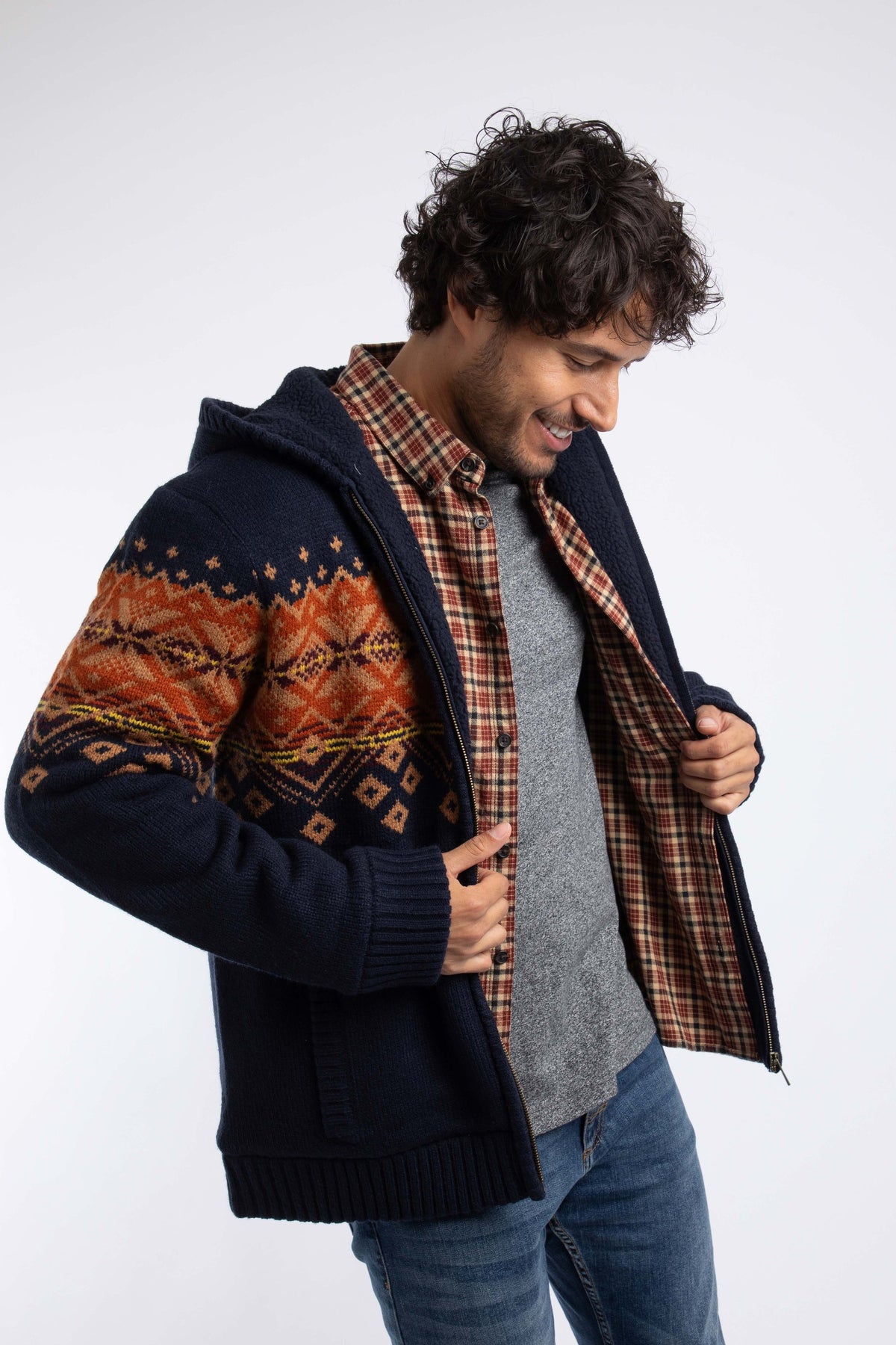 Weird Fish Bradwood Borg Lined Fair Isle Knit Full Zip Hoodie in Midnight