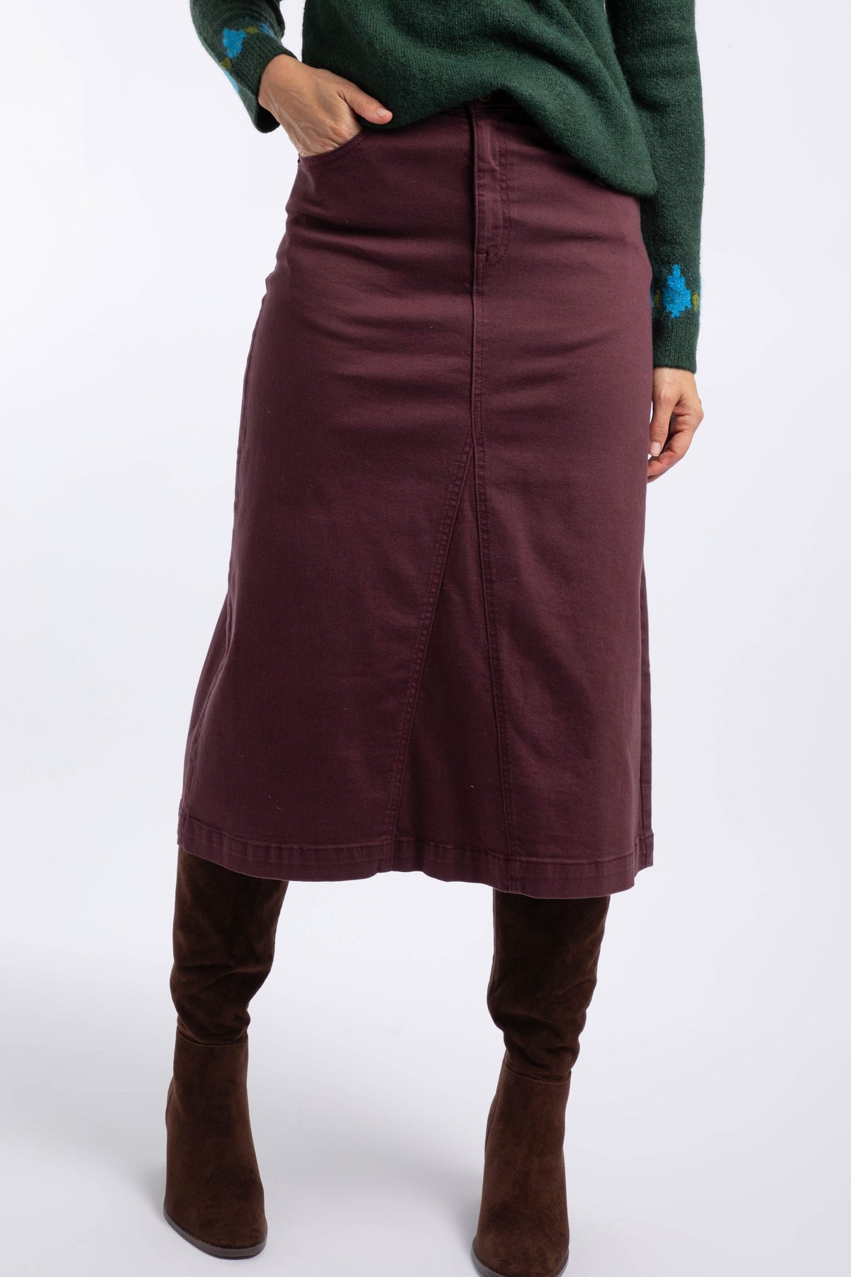 Weird Fish Juda Longline Denim Skirt in Mulled Wine
