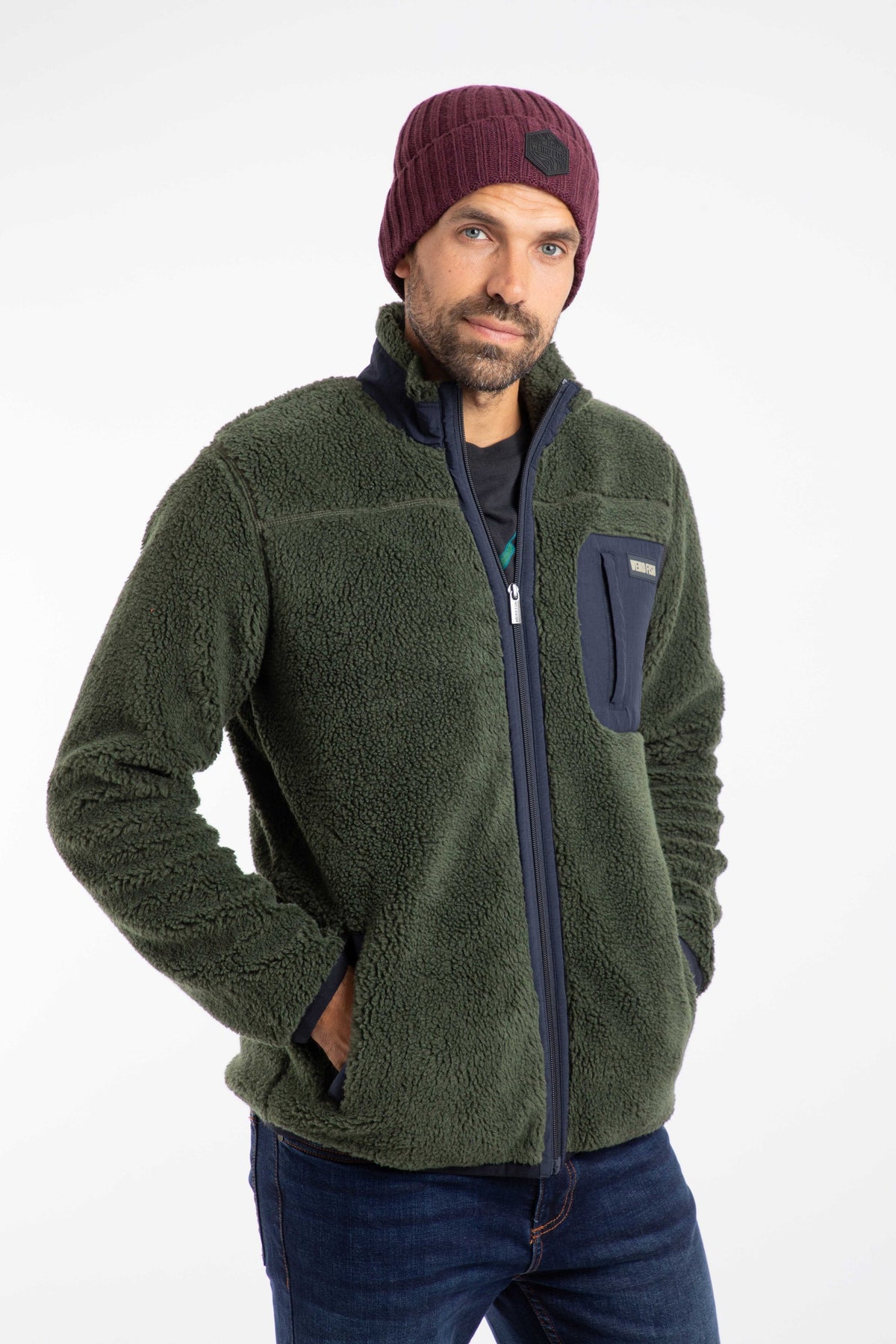 Weird Fish Fletcher Full Zip Borg Fleece in Deep Lichen Green