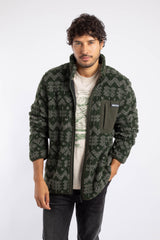 Weird Fish Lucian Full Zip Jacquard Borg Fleece in Military Green