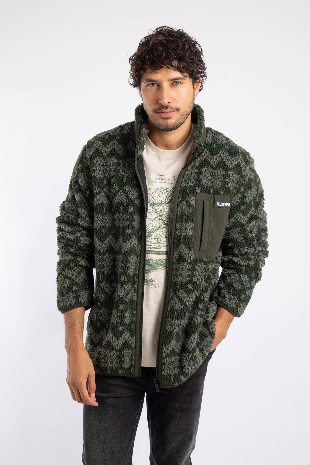 Weird Fish Lucian Full Zip Jacquard Borg Fleece in Military Green