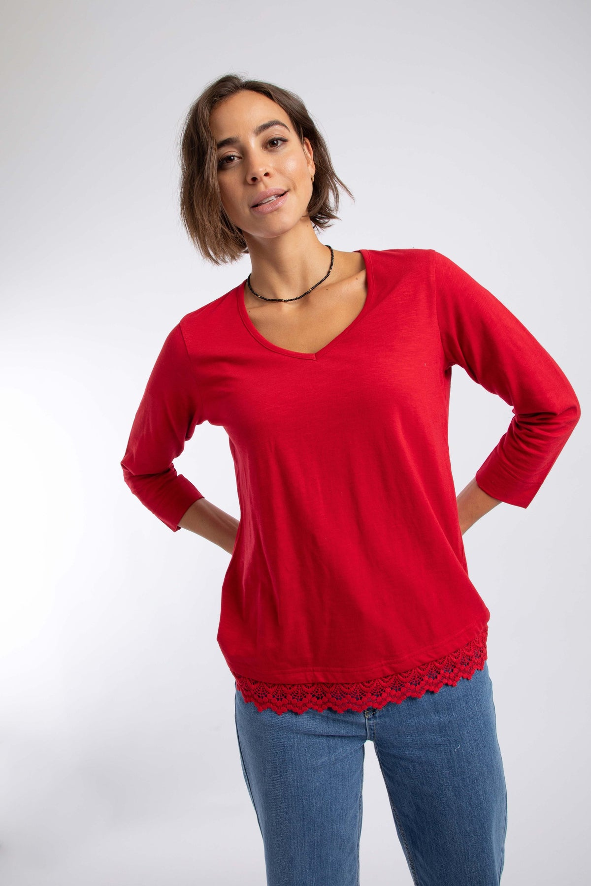 Weird Fish Delis Lace Hem Top in Pomegranate