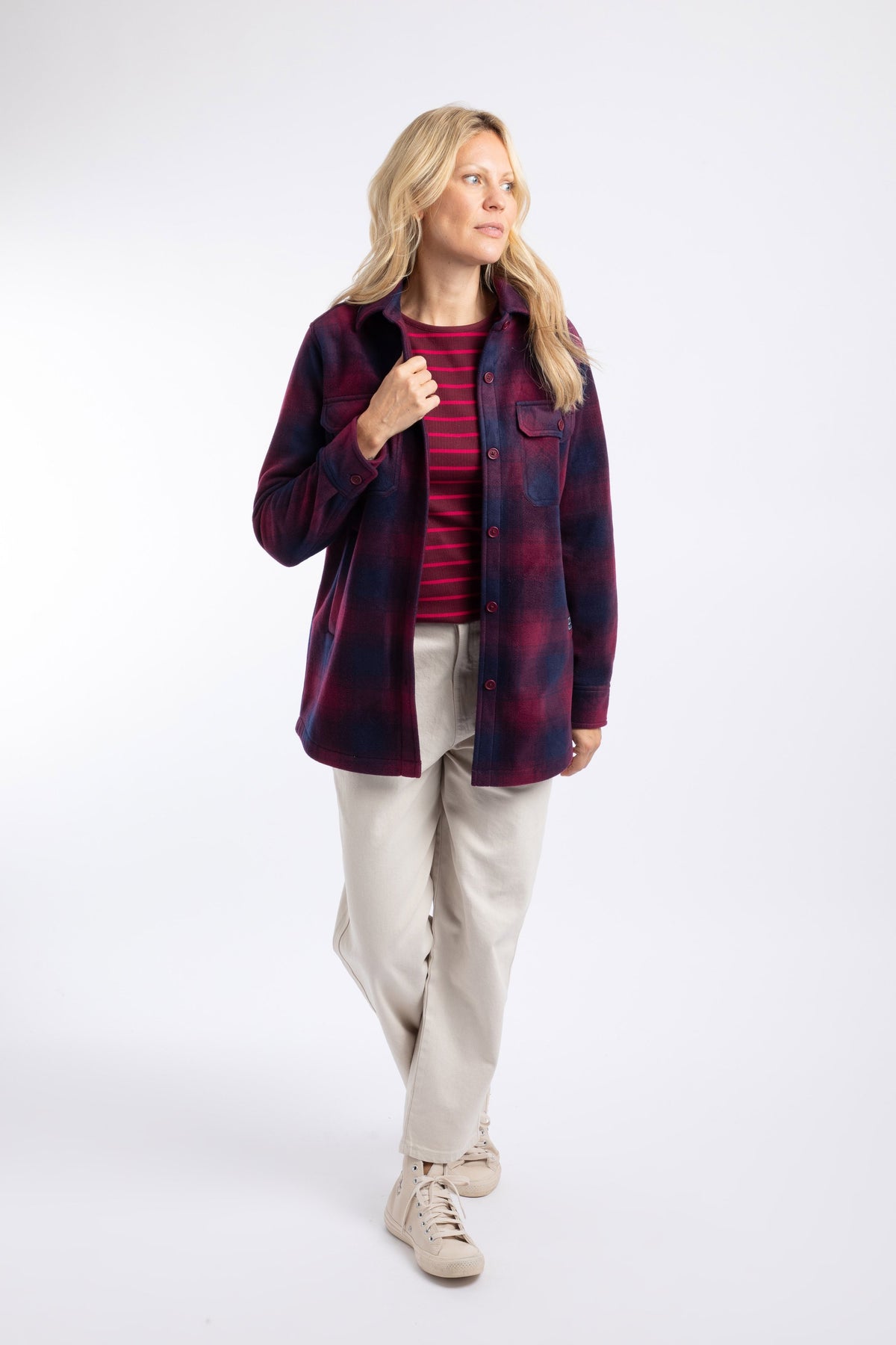 Weird Fish Autumn Check Fleece Shacket in Red Grape