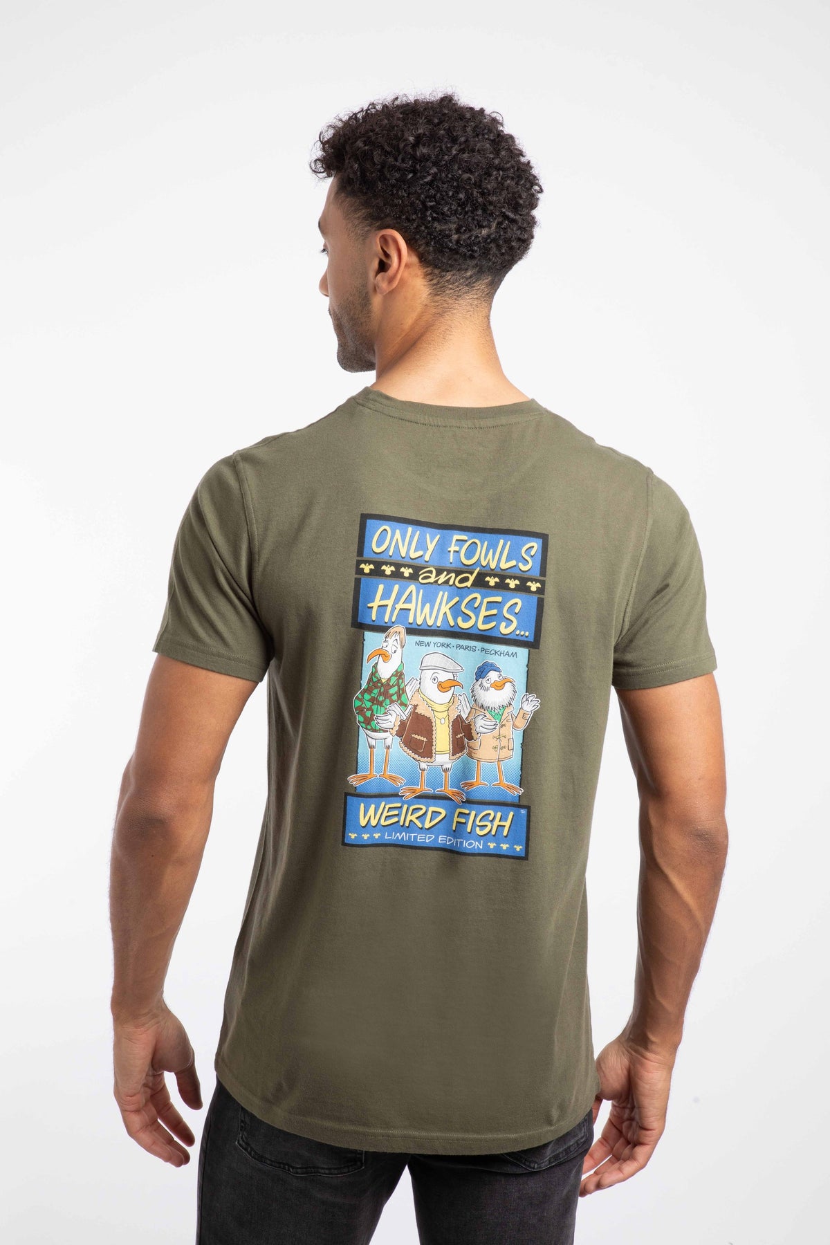 Weird Fish Only Fowls and Hawkses Back Print Artist T-Shirt in Deep Lichen Green