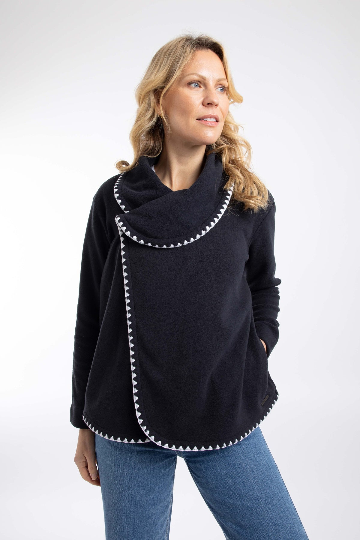 Weird Fish Tamara Asymmetric Fleece Cardigan in Navy