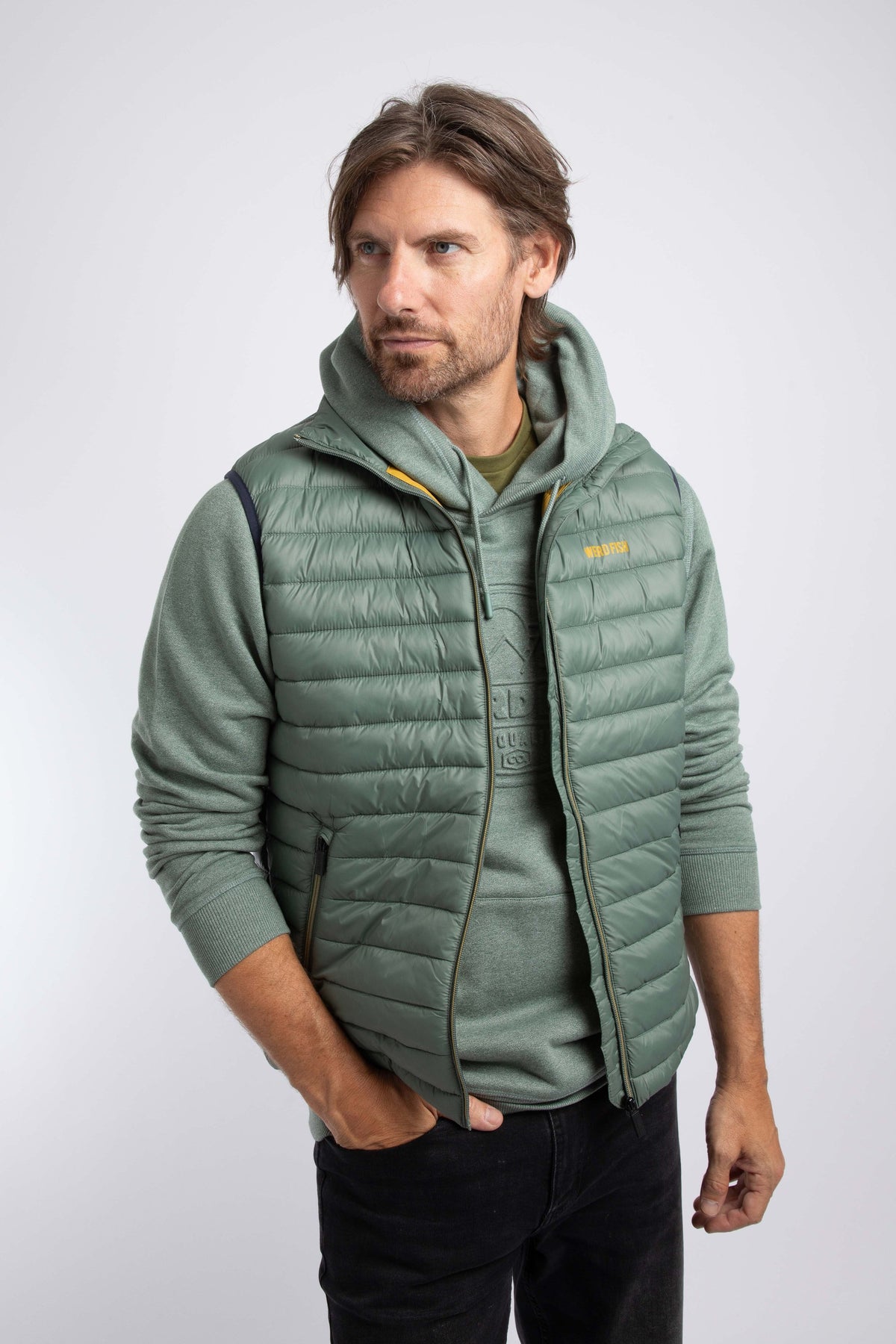 Weird Fish Langtree Lightweight Showerproof Padded Gilet in Military Green