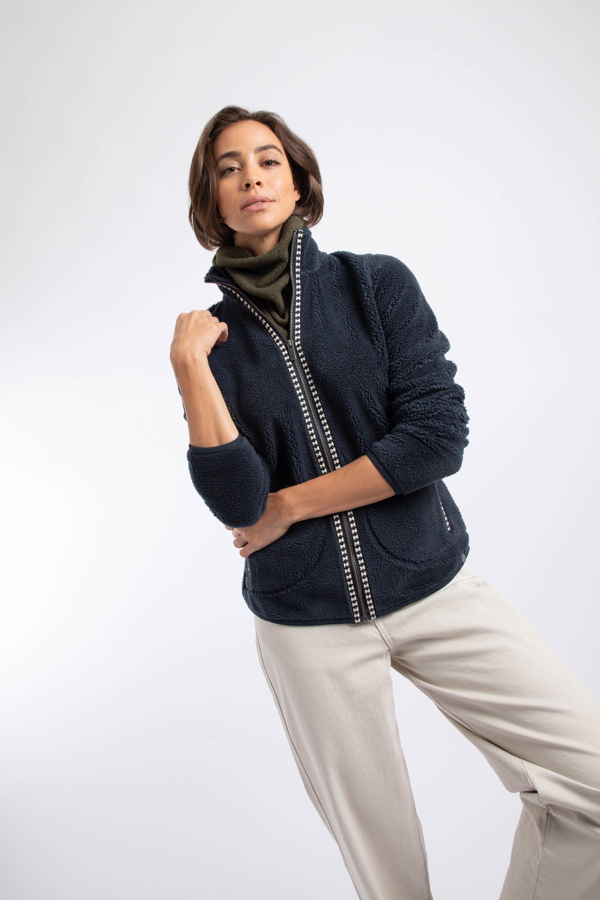 Weird Fish Lucille Lightweight Full Zip Borg Fleece in Dark Navy