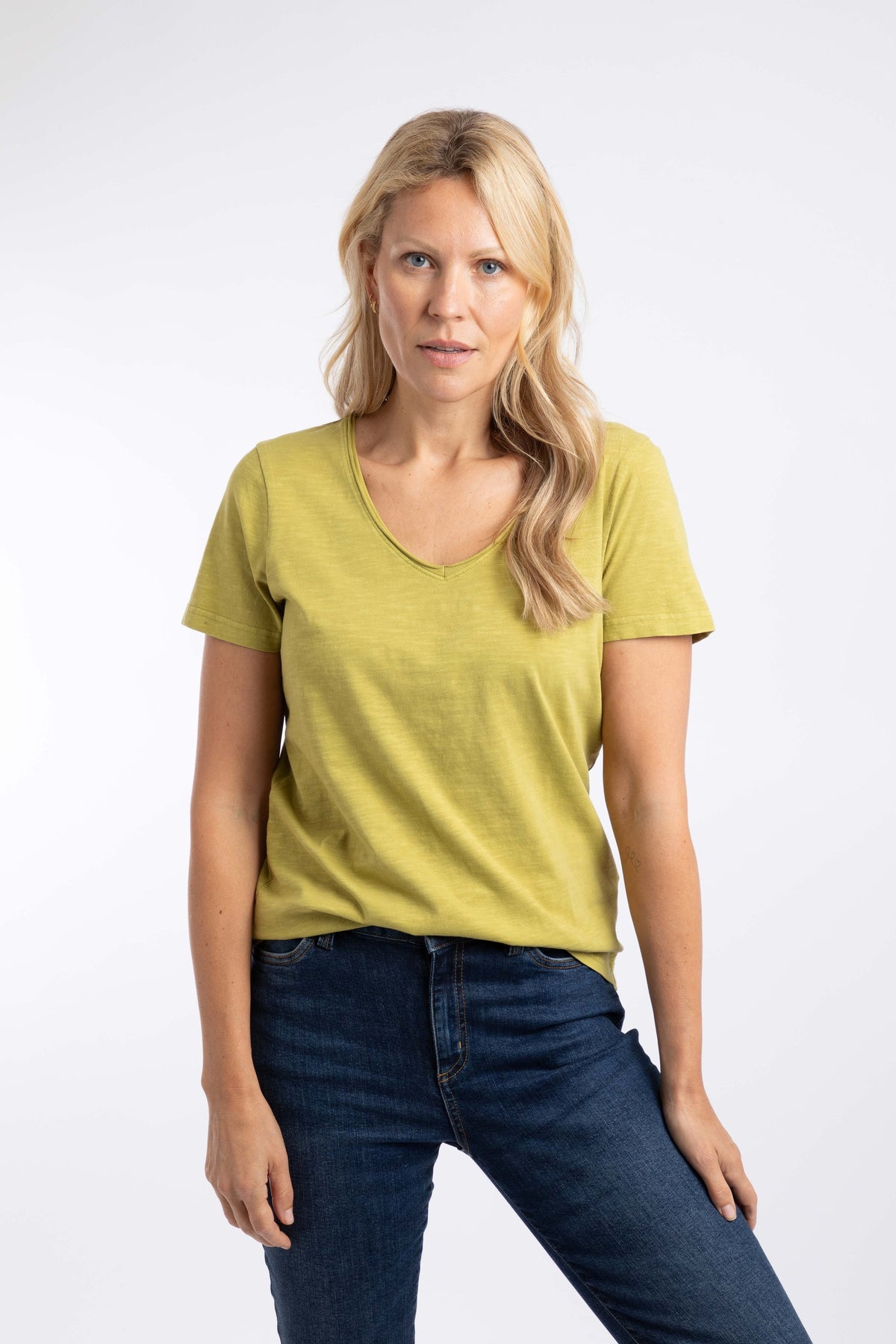 Weird Fish Hailey V-Neck T-Shirt in Tarragon