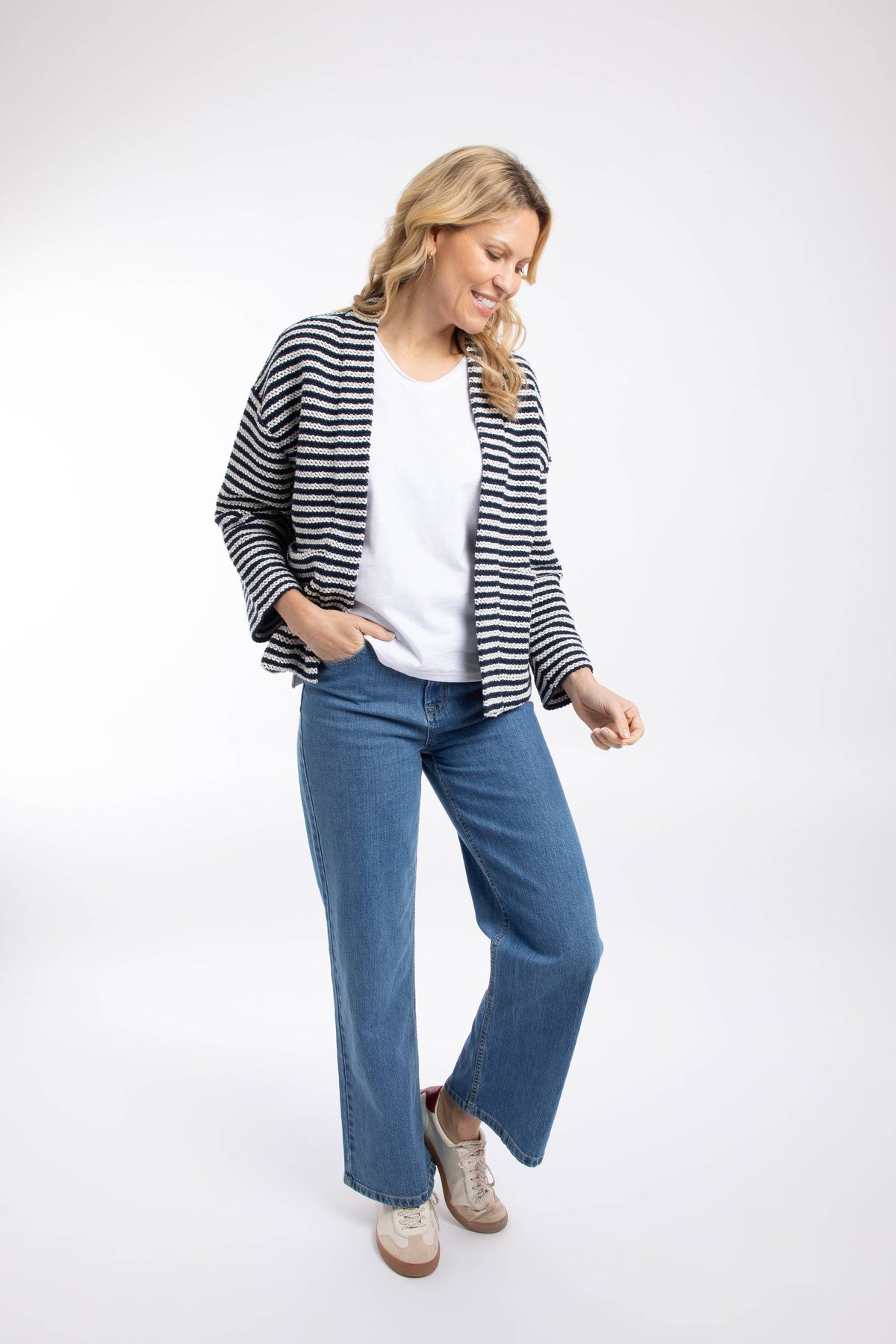 Weird Fish Arlow Striped Macaroni Kimono Cardigan in Ecru
