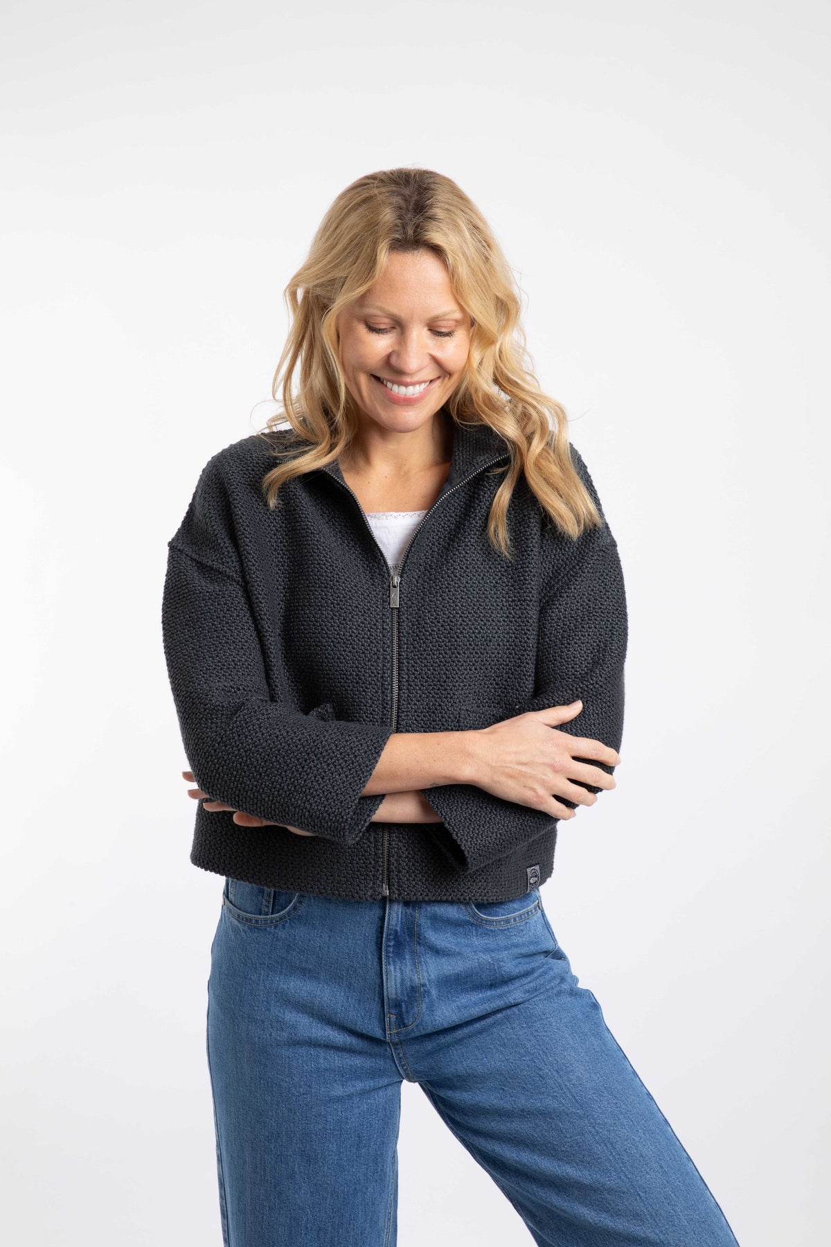Weird Fish Emily Full Zip Cropped Macaroni Jacket in Navy