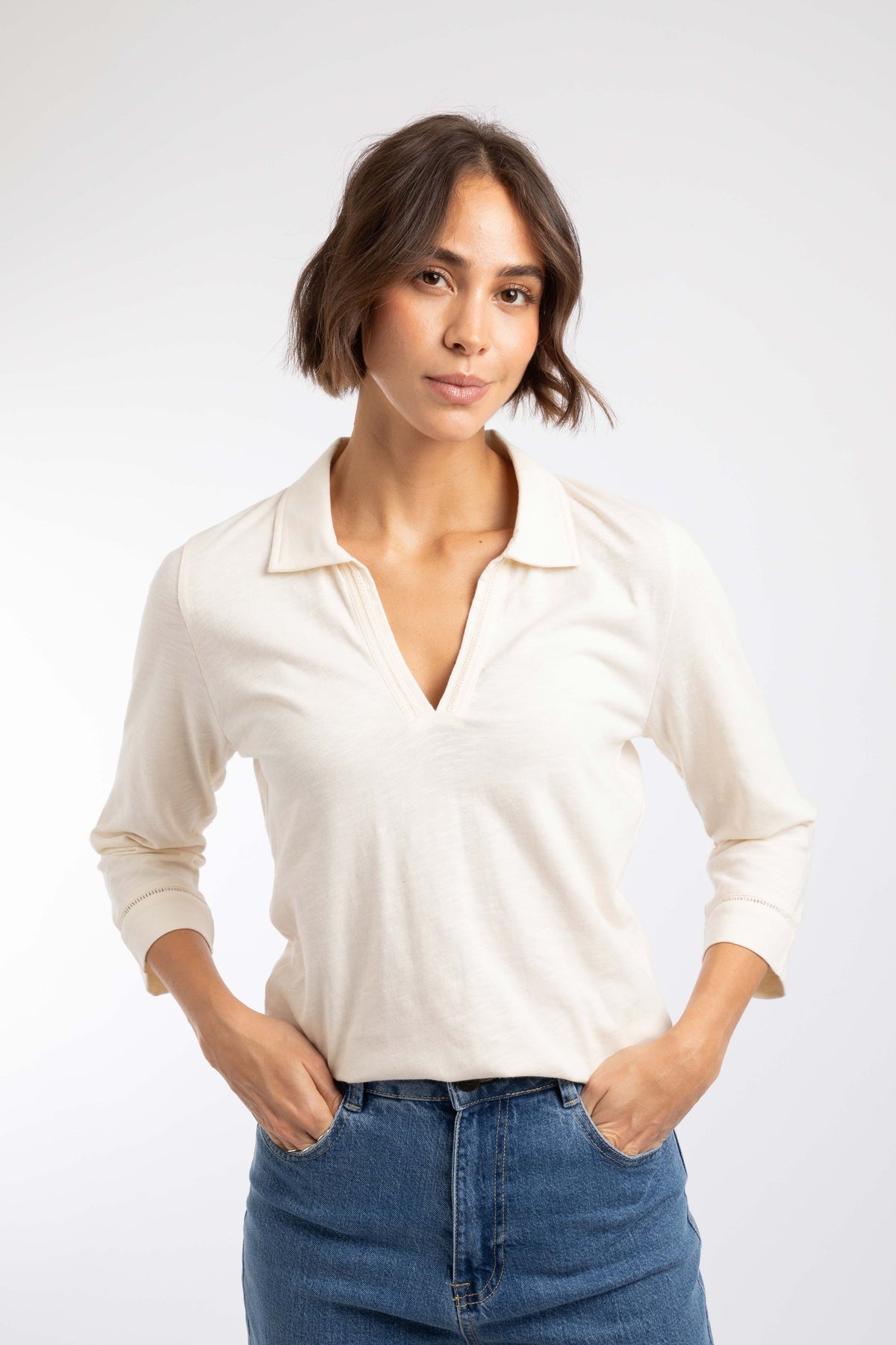 Weird Fish Annare 3/4 Sleeve Jersey Trophy Neck Top in Eggnog