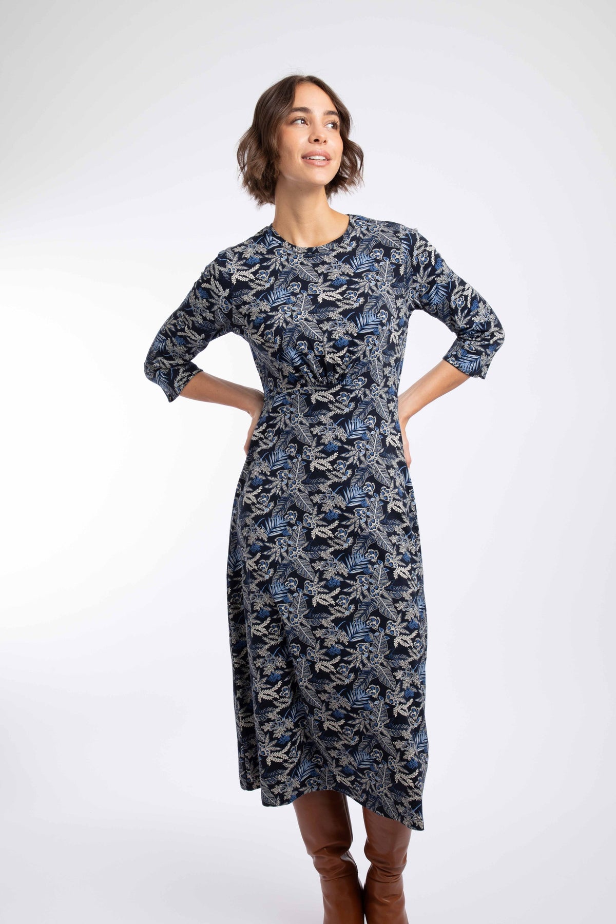 Weird Fish Felicity Printed Jersey Midi Dress in Night Blue