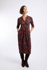 Weird Fish Isolde Printed Jersey Midi Dress in Conker