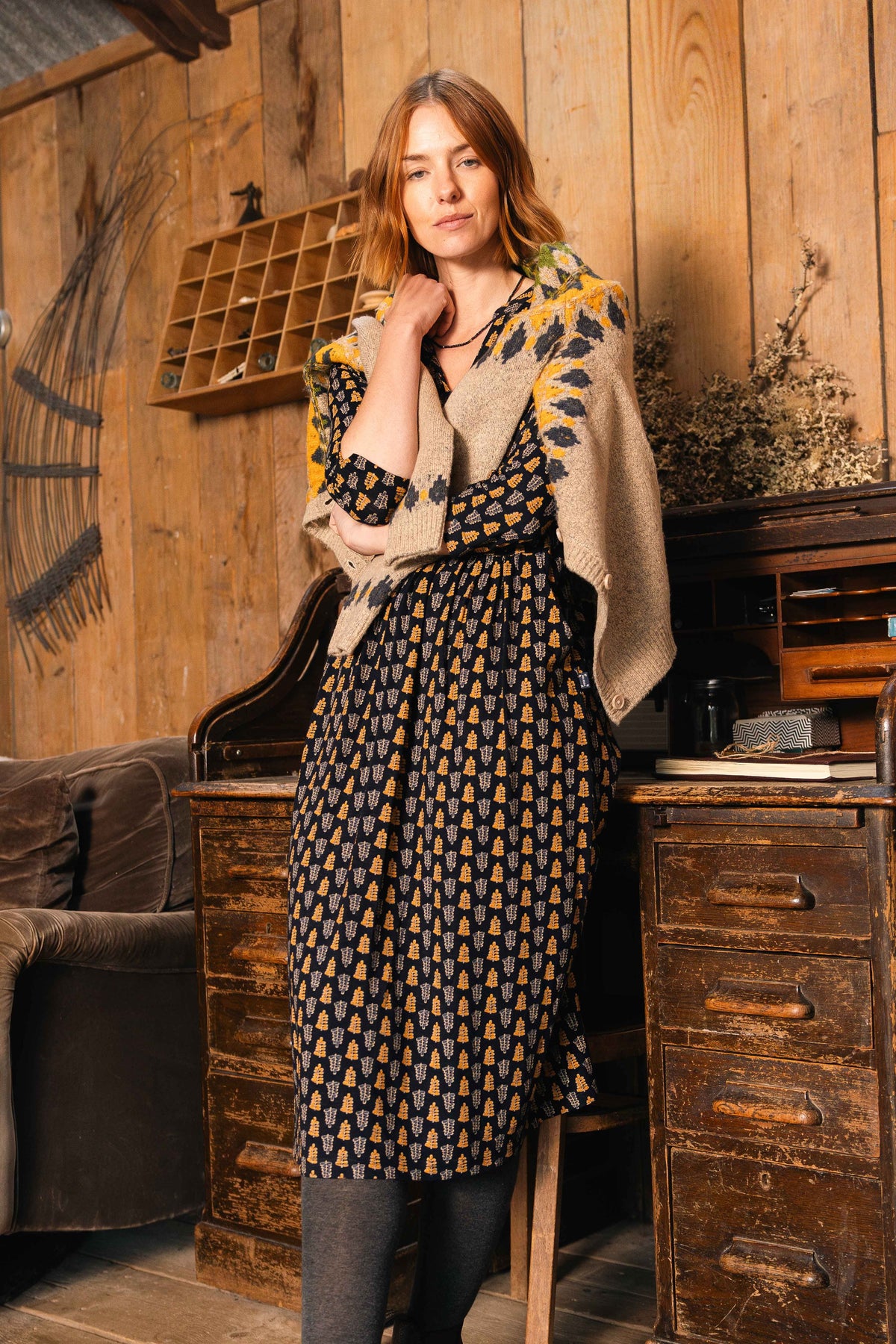Weird Fish Isolde Printed Jersey Midi Dress in Yellow Iris