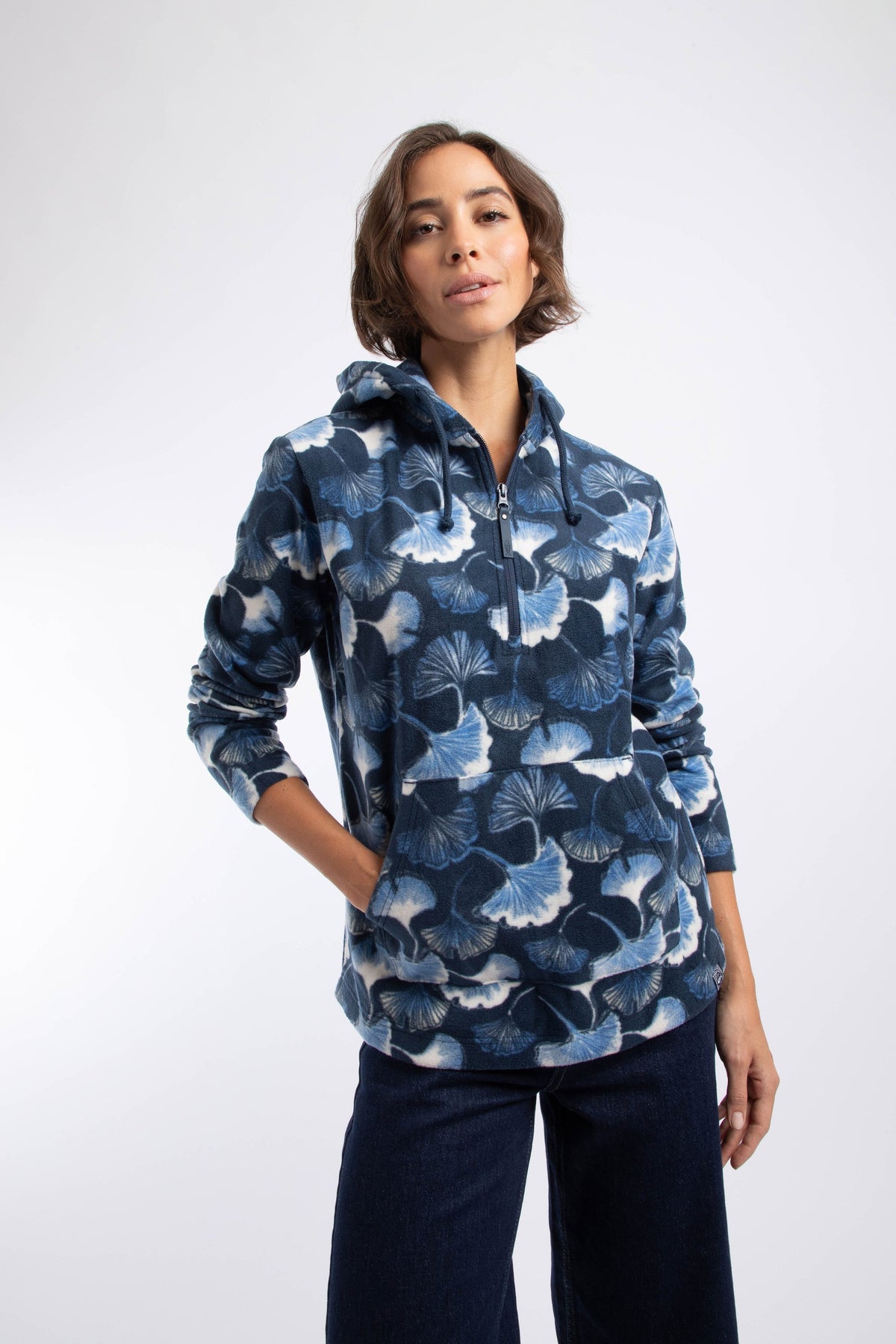 Weird Fish Lana 1/4 Zip Printed Micro Fleece Hoodie in Blue Atoll