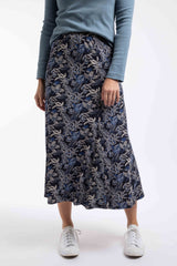 Weird Fish Ares Printed Jersey A-Line Maxi Skirt in Night Blue