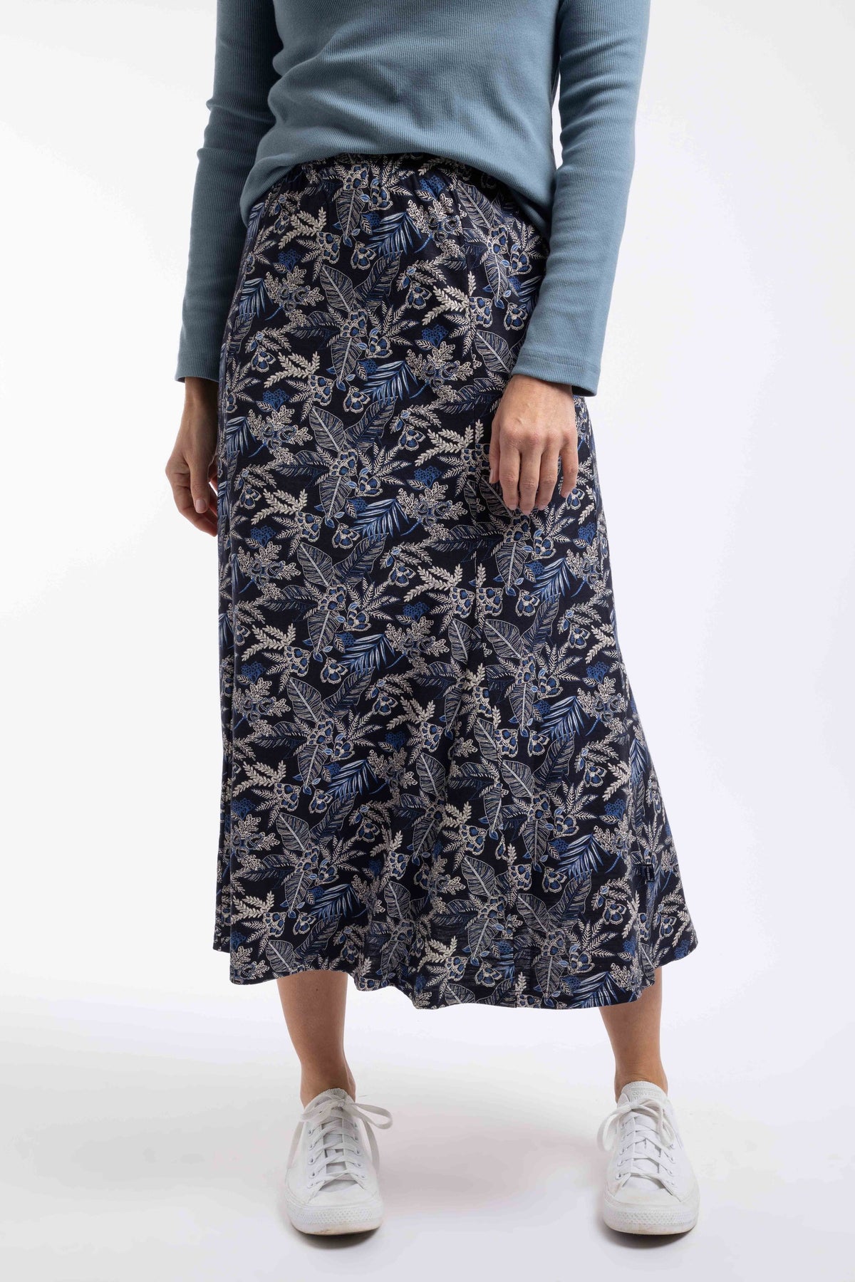 Weird Fish Ares Printed Jersey A-Line Maxi Skirt in Night Blue