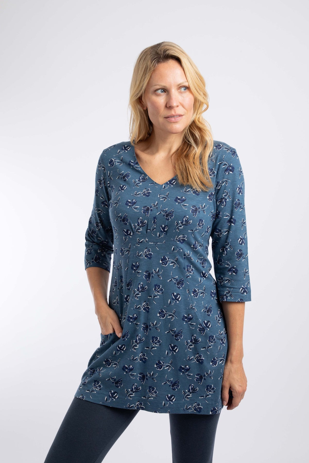 Weird Fish Arielle Printed Jersey 3/4 Sleeve Tunic in Adriatic Blue