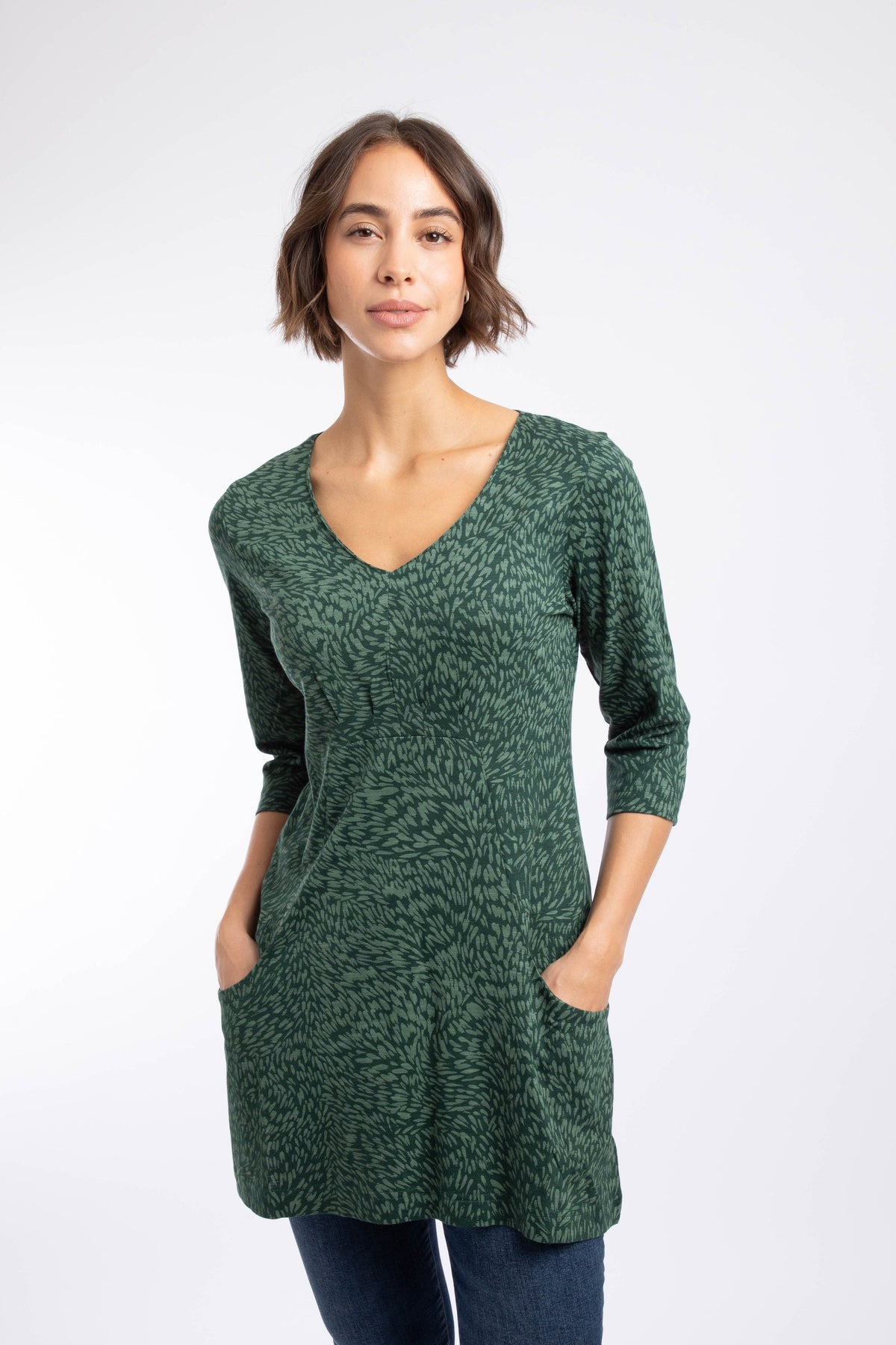 Weird Fish Arielle Printed Jersey 3/4 Sleeve Tunic in Apple Green