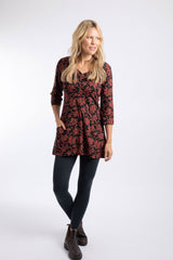 Weird Fish Arielle Printed Jersey 3/4 Sleeve Tunic in Conker