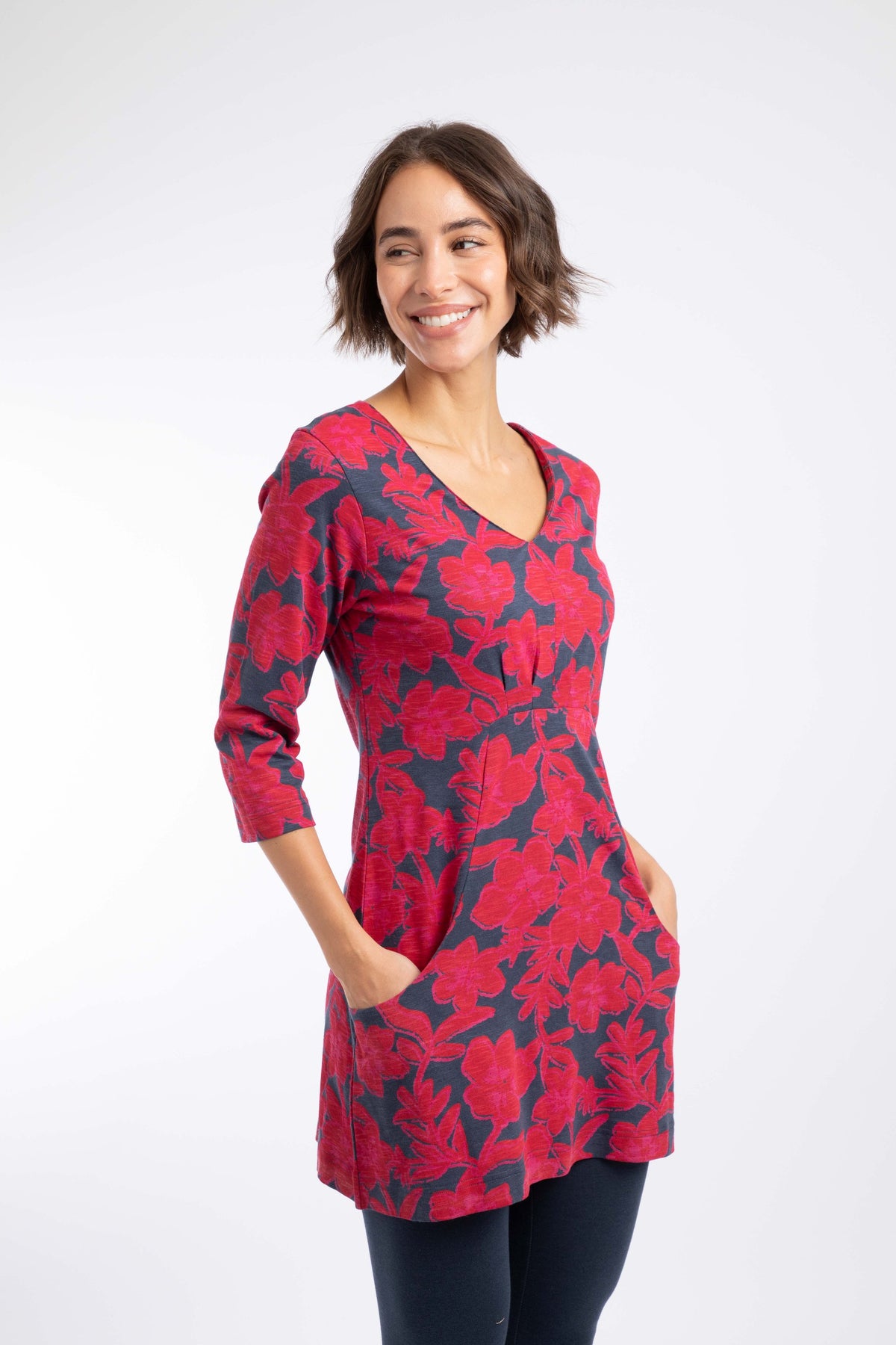 Weird Fish Arielle Printed Jersey 3/4 Sleeve Tunic in Cranberry