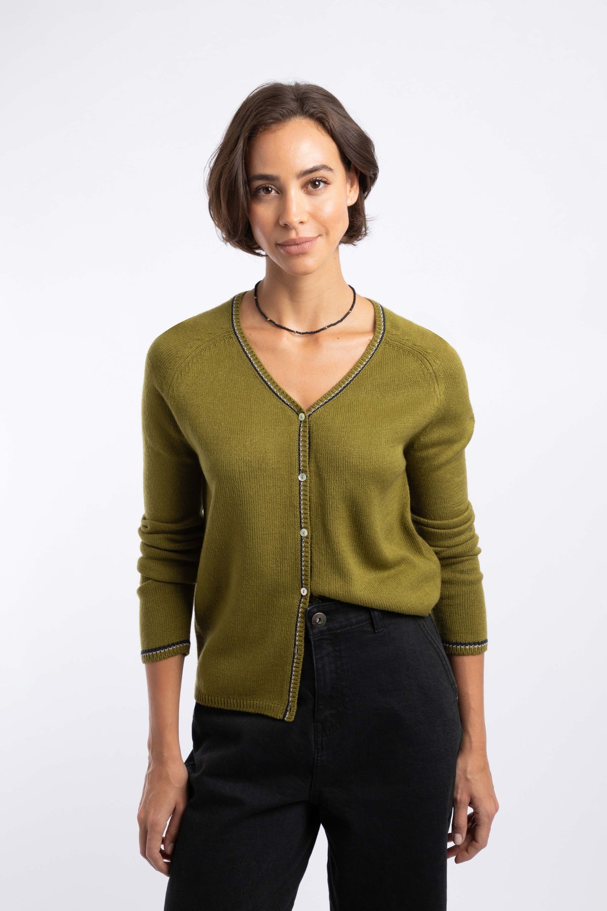 Weird Fish Maddis Fine Knit Tipped Cardigan in Verdun Green