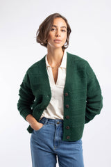 Weird Fish Aramis Textured Striped Stitch Cardigan in Bottle Green
