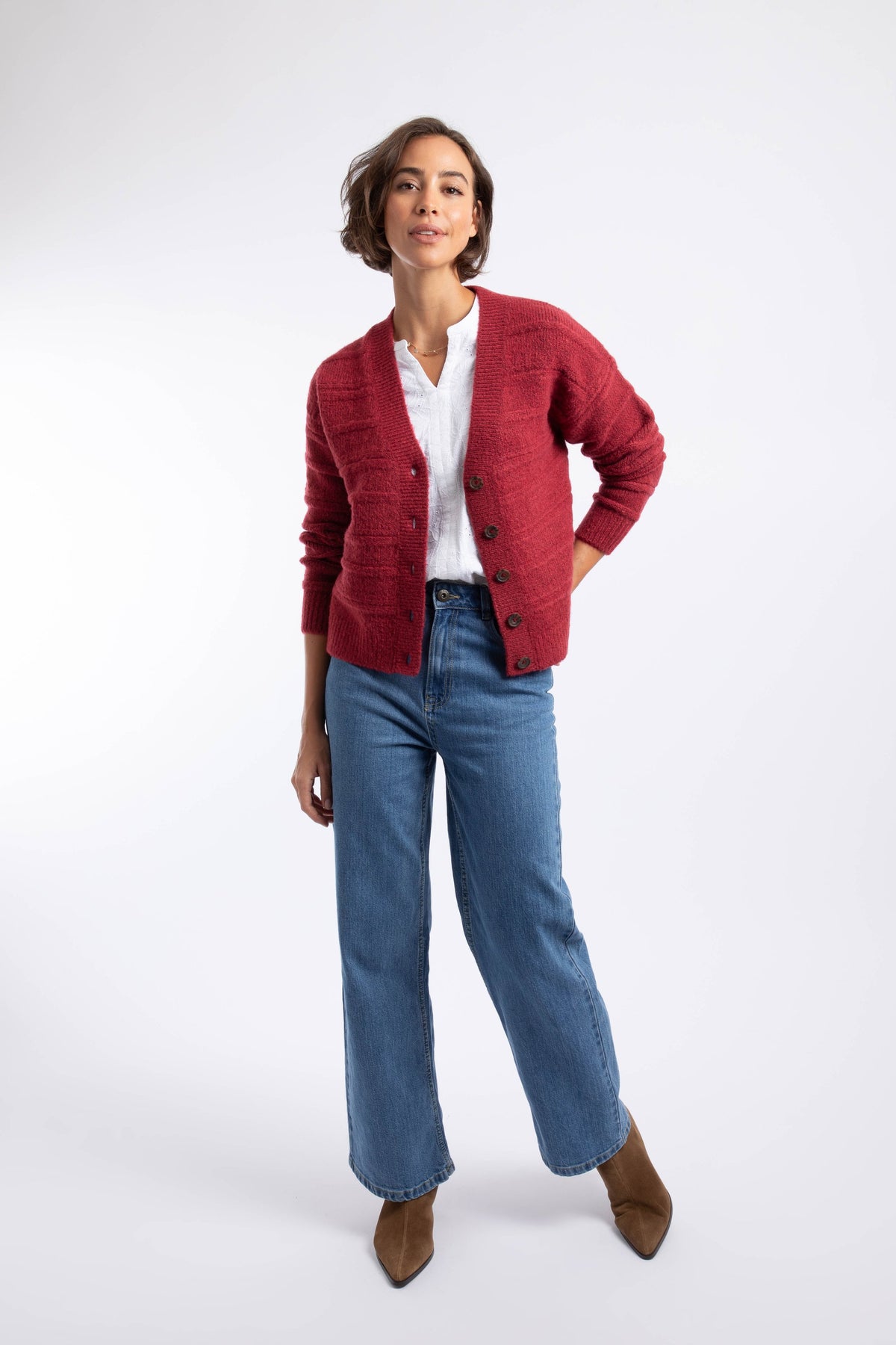 Weird Fish Aramis Textured Striped Stitch Cardigan in Rhubarb