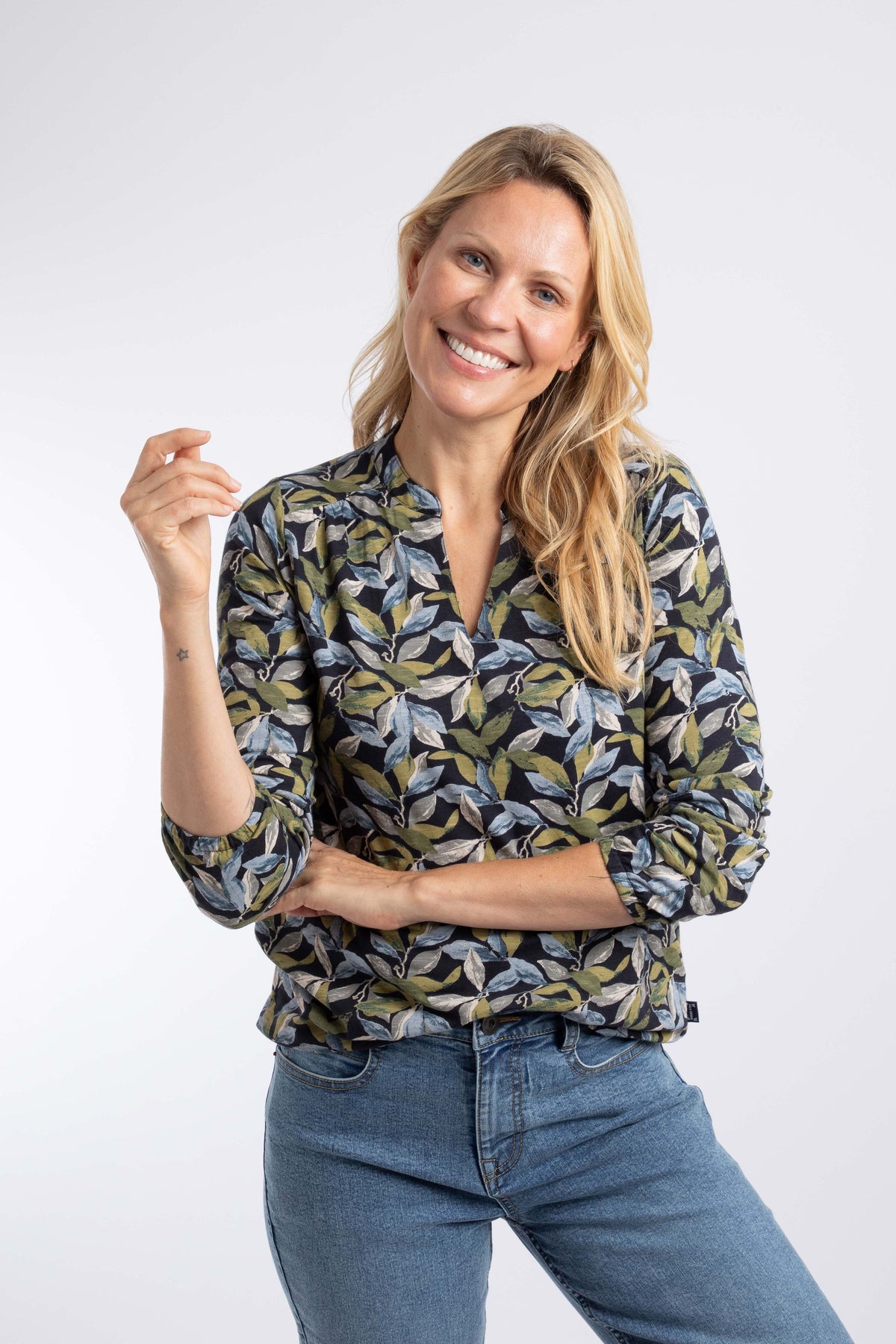 Weird Fish Brooke Printed V Neck Jersey Top in Aqua blue