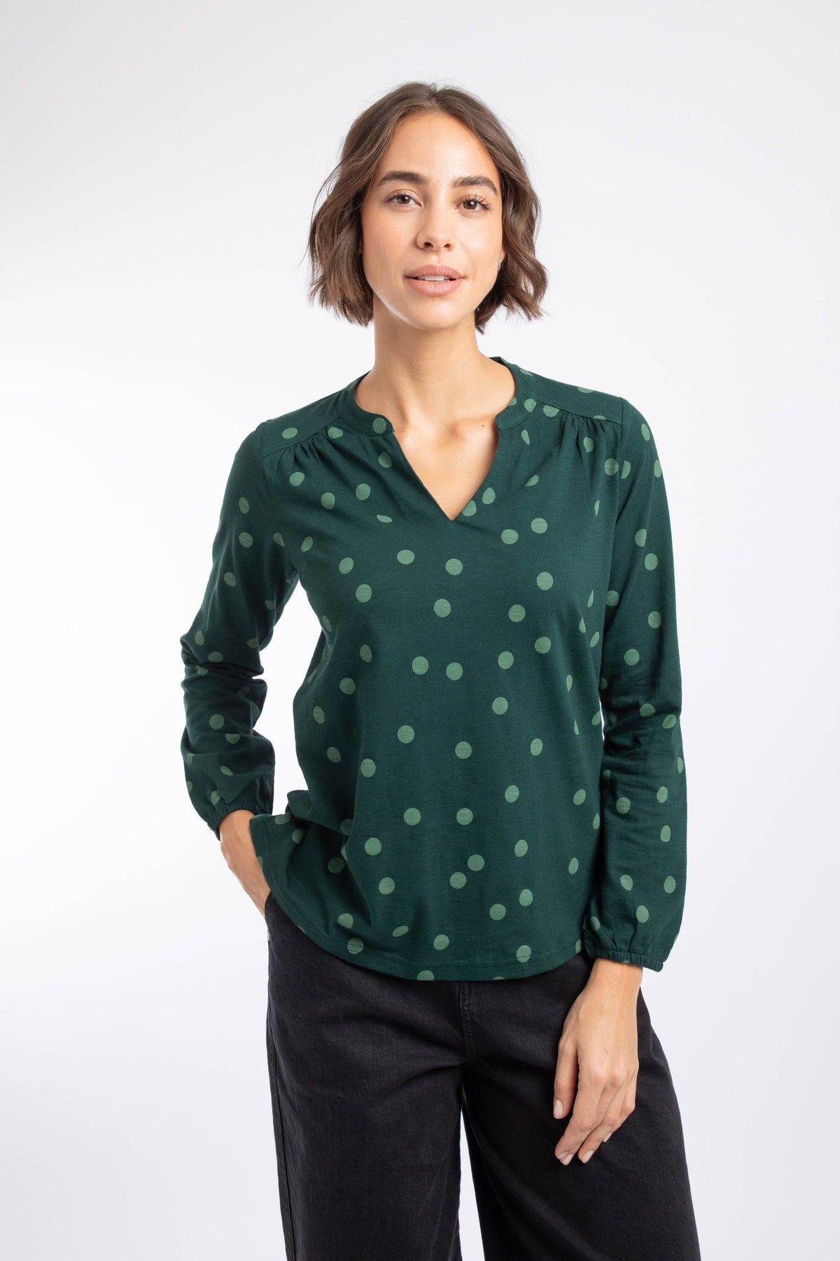 Weird Fish Brooke Printed V Neck Jersey Top in Bamboo