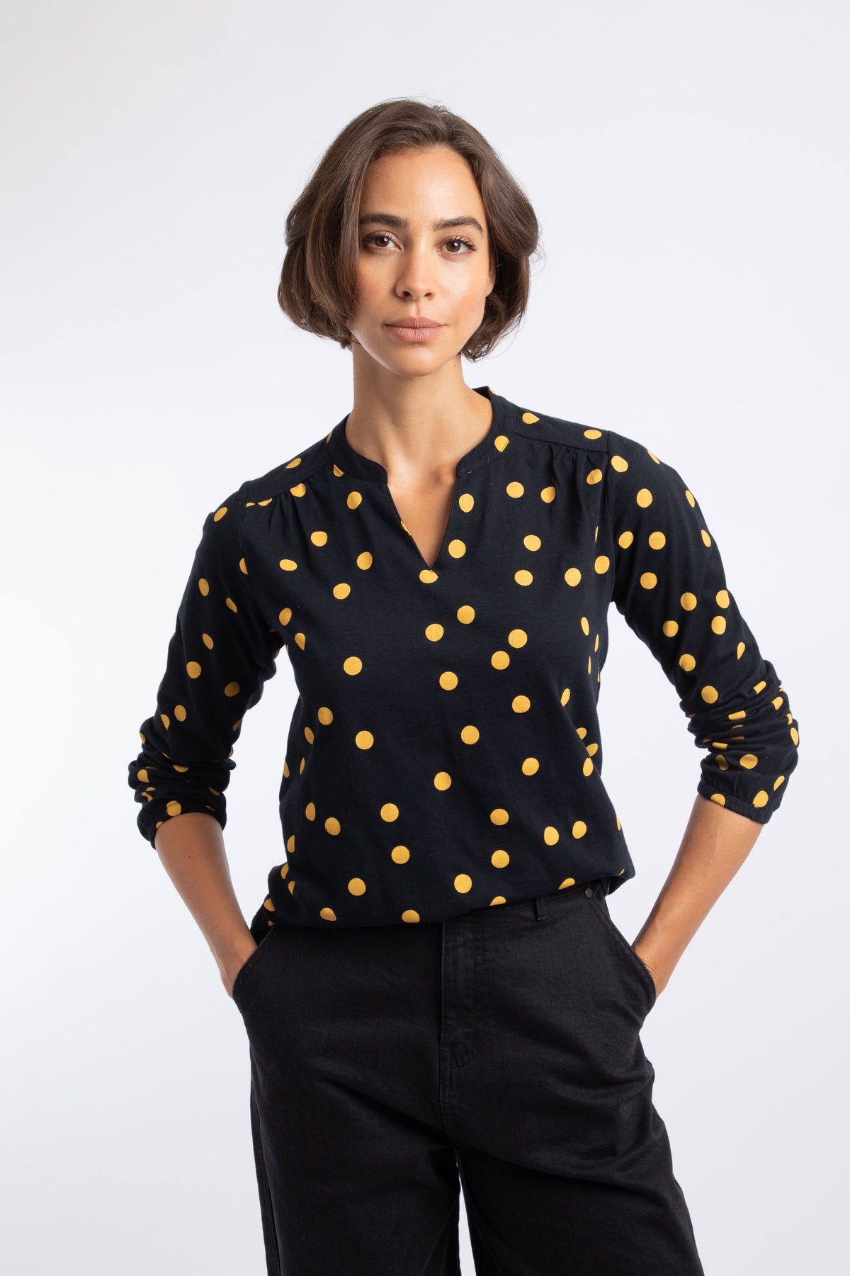 Weird Fish Brooke Printed V Neck Jersey Top in Insignia Blue
