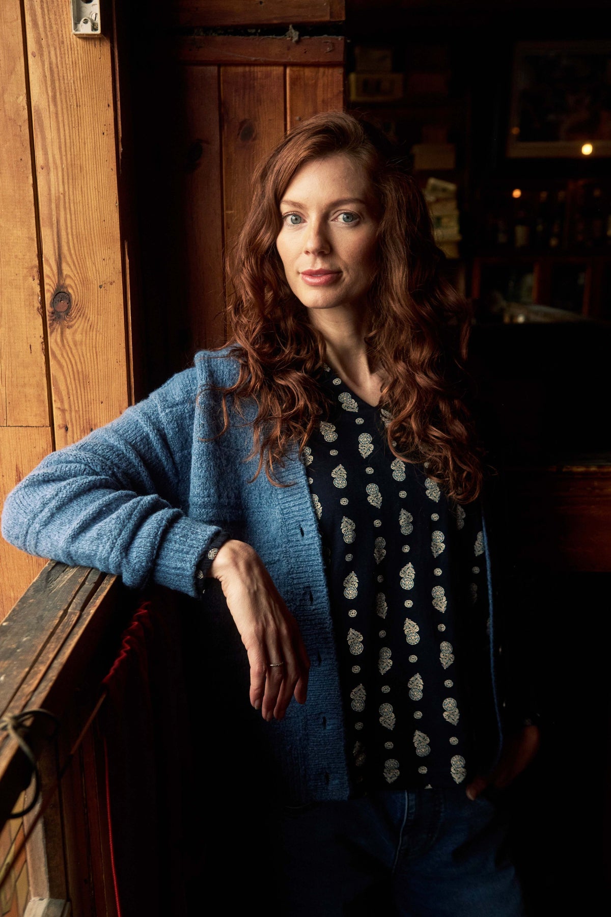 Weird Fish Brooke Printed V Neck Jersey Top in Twilight
