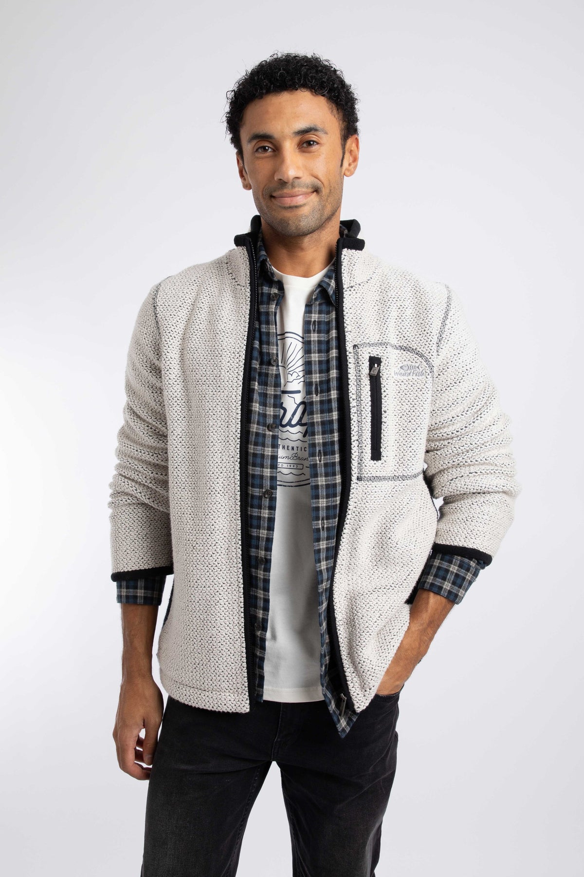 Weird Fish Arnott Full Zip Lined Macaroni Jacket in Ecru