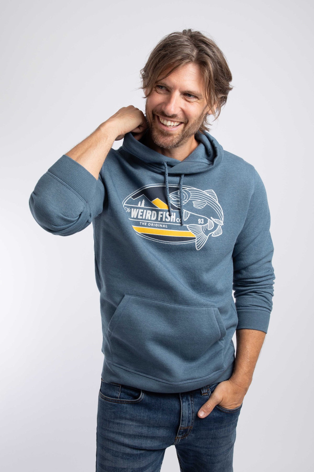 Weird Fish Wills Front Print Graphic Popover Hoodie in Ash Blue