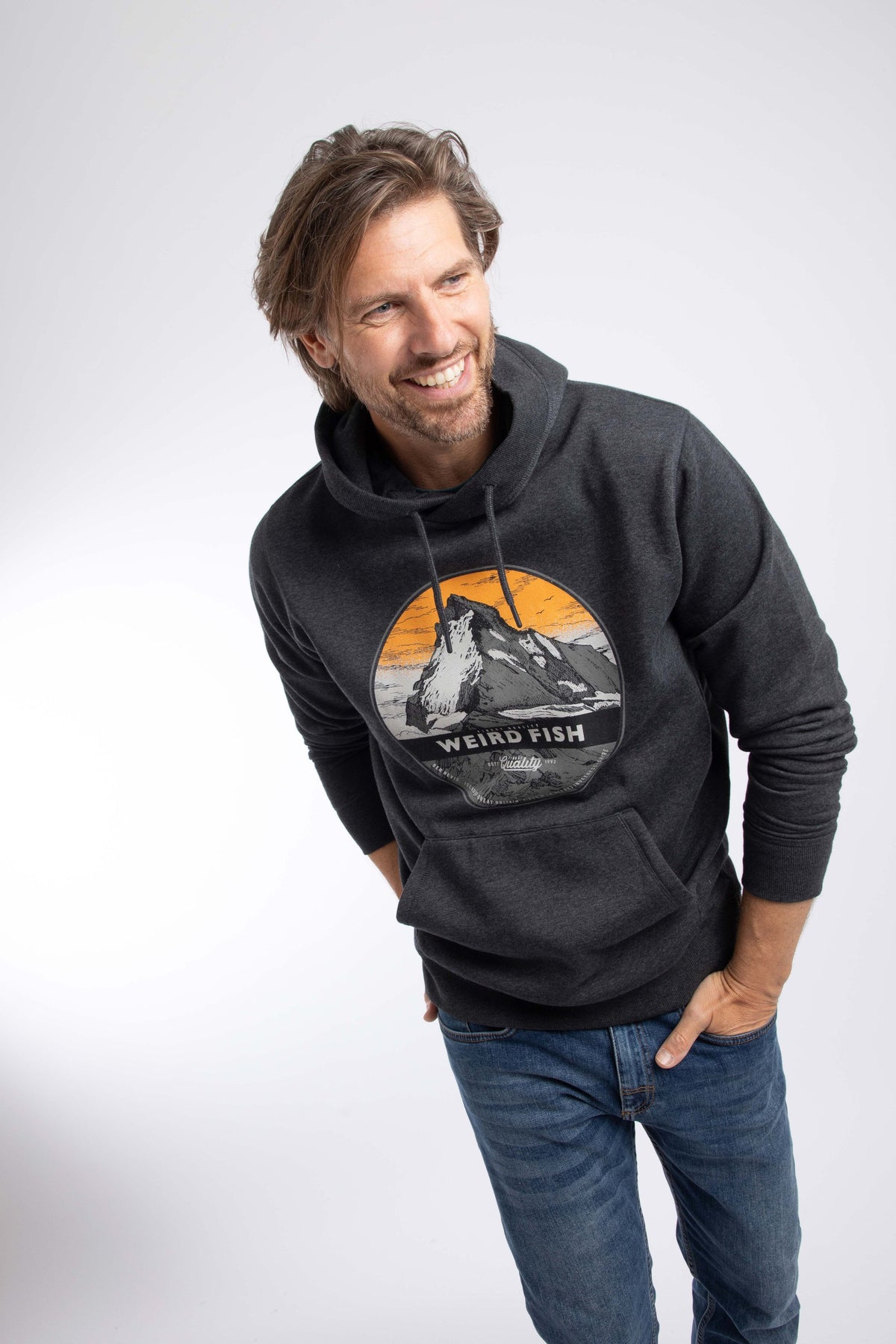 Weird Fish Wills Front Print Graphic Popover Hoodie in Black