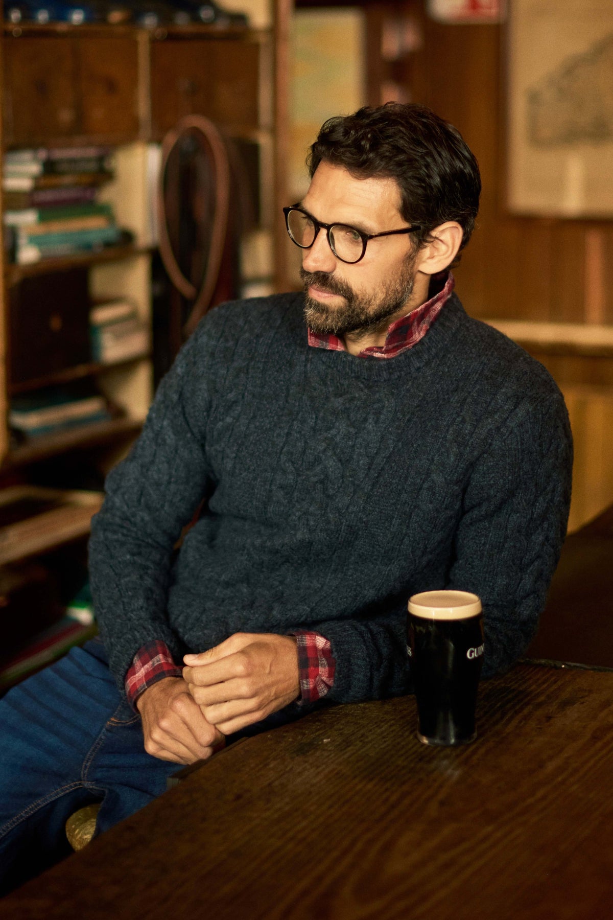 Weird Fish Alford Cable Knit Crew Neck Jumper in Petrol Blue